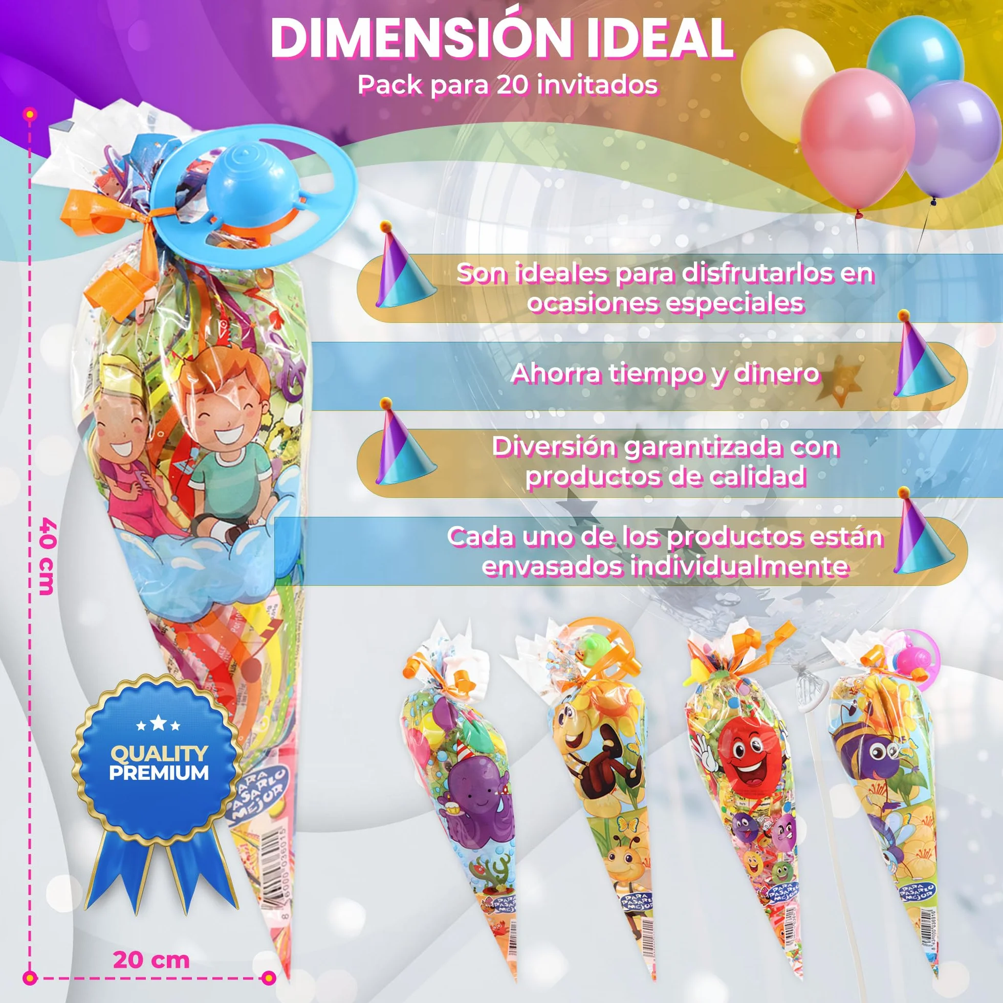 20 Conos Chuches Cumpleaños SIN GLUTEN - Bolsas Chuches Cumpleaños Rellenas - Cucuruchos Chucherías preparados para fiestas Infantiles - Cucuruchos rellenos de golosinas listos para regalar