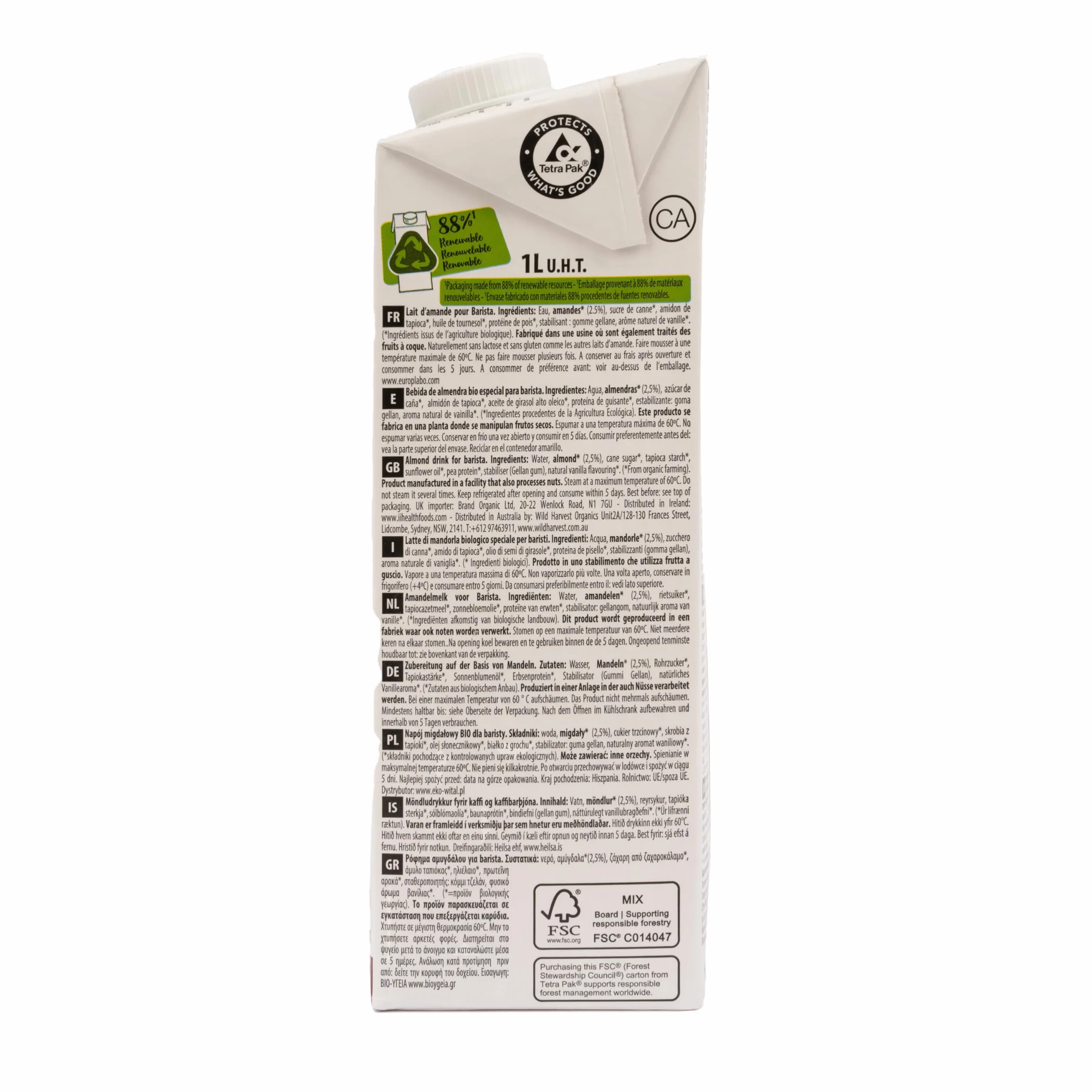 ECOMIL Barista Almond Bio, Bebida de Almendra Bio Especial para Barista, Sin Lactosa, Sin Gluten, Sin Soja, Sin Huevo, Sin Proteína Láctea, Bajo Contenido en Sal y Vegano, 1 L