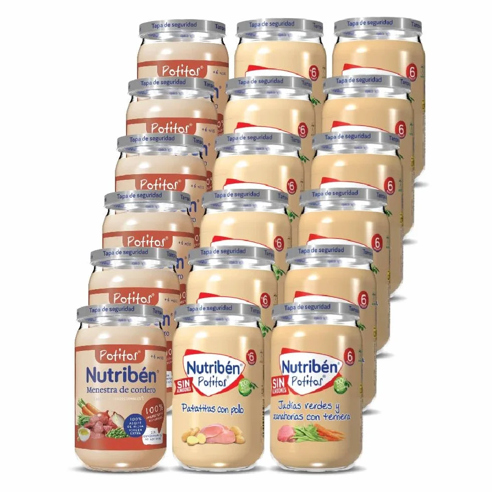 Nutribén Pack de 18 Menestra de cordero | Pollo con patatitas | Judías verdes y zanahorias con ternera | Sin Azúcares Añadidos - Sin Gluten, Huevo, Leche - Desde los 6 Meses - 18 x 235gr