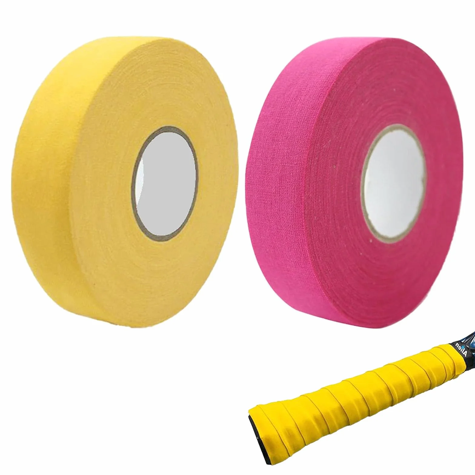 Cinta de Hockey Antideslizante 2 Rollos, Agarre para Palos de Hockey, Tenis, Bádminton, Golf - Rosa Roja y Amarillo