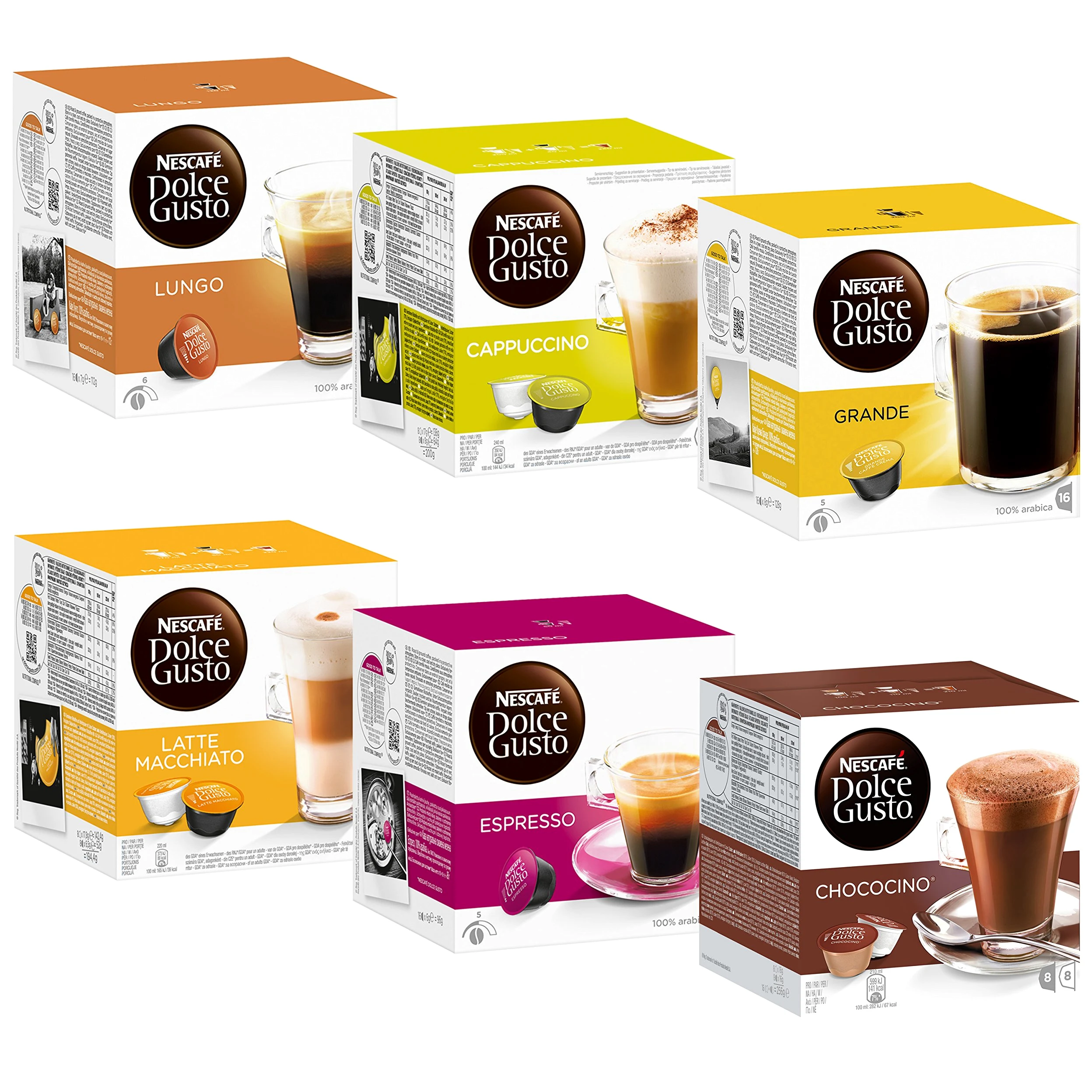 Nescafé Dolce Gusto Set Basic: Lungo, Cappuccino, Latte Macchiato, Espresso, Chococino, Crema Grande, 6 x 16 Cápsulas