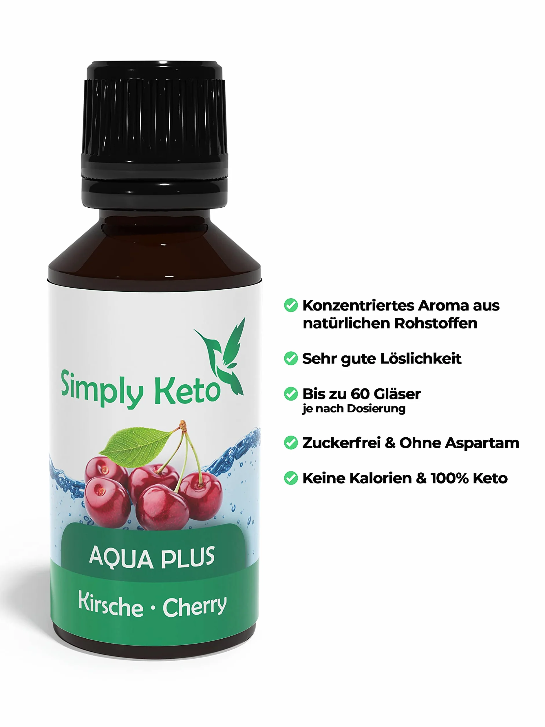 Simply Keto Gotas de sabor Aqua Plus (Cereza) 30ml - Gotas de sabor natural sin calorías - Alternativa al jarabe para 12 litros de agua con auténtico sabor - Sin aspartamo ni azúcar