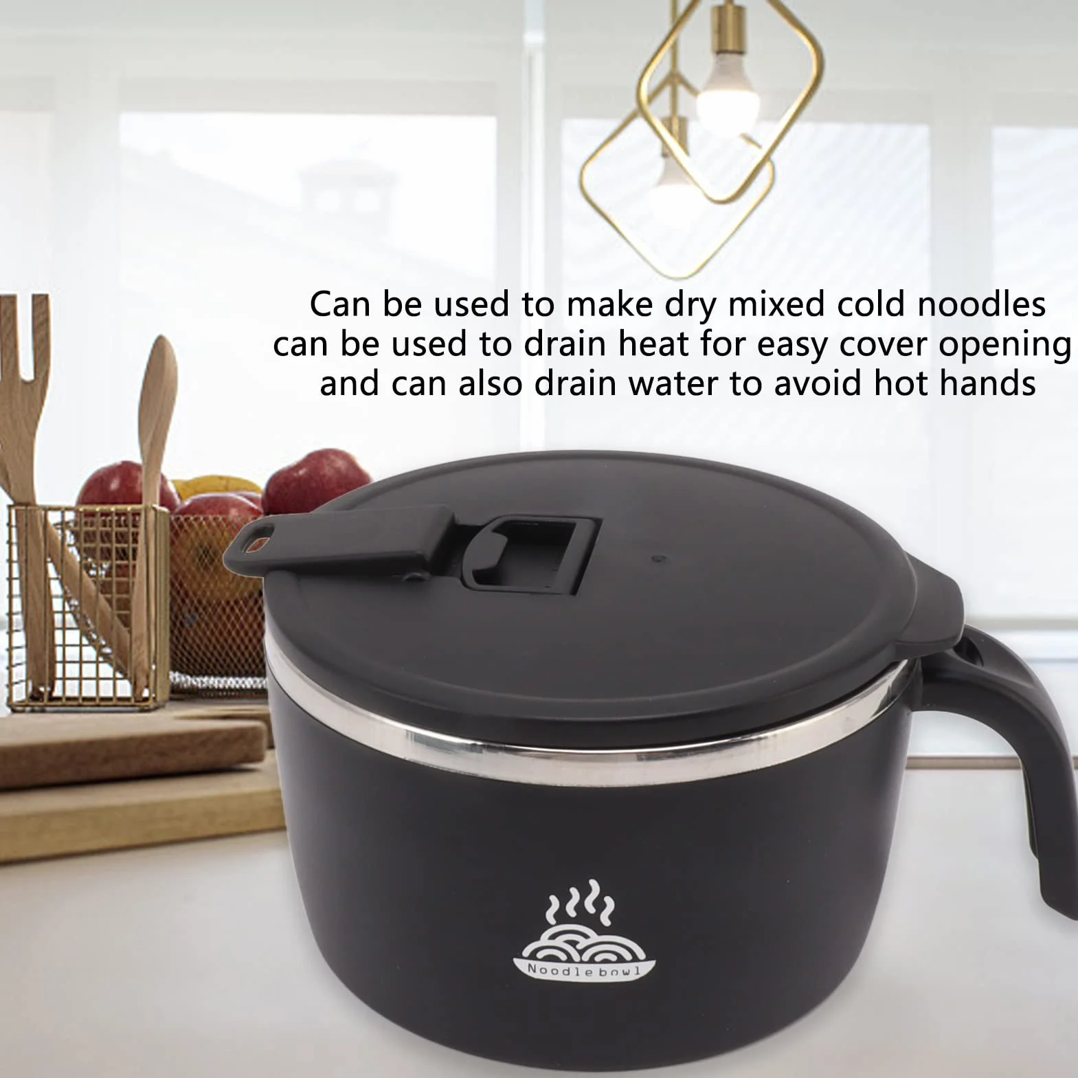 gernie Tazón de Fideos Instantáneos, Tazón de Ramen Instantáneo de Acero Inoxidable de 900 Ml con Tapa y Soporte para Teléfono Tazón de Sopa de Fideos Instantáneos, Cocina de Fideos