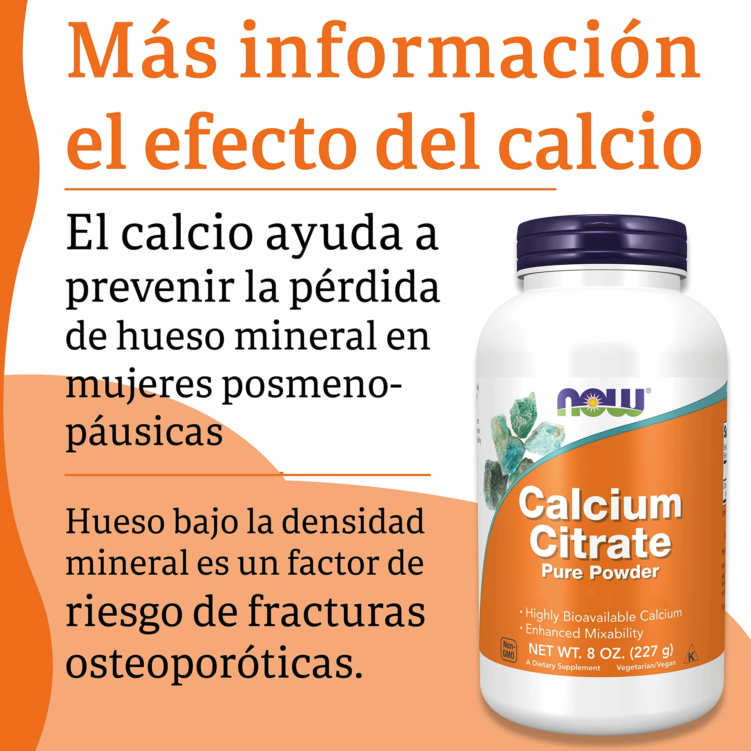 Now Foods, Calcium Citrate, Polvo Puro, 227g, Probado en Laboratorio, Calcio, Sin Soja, Sin Gluten, Vegetariano