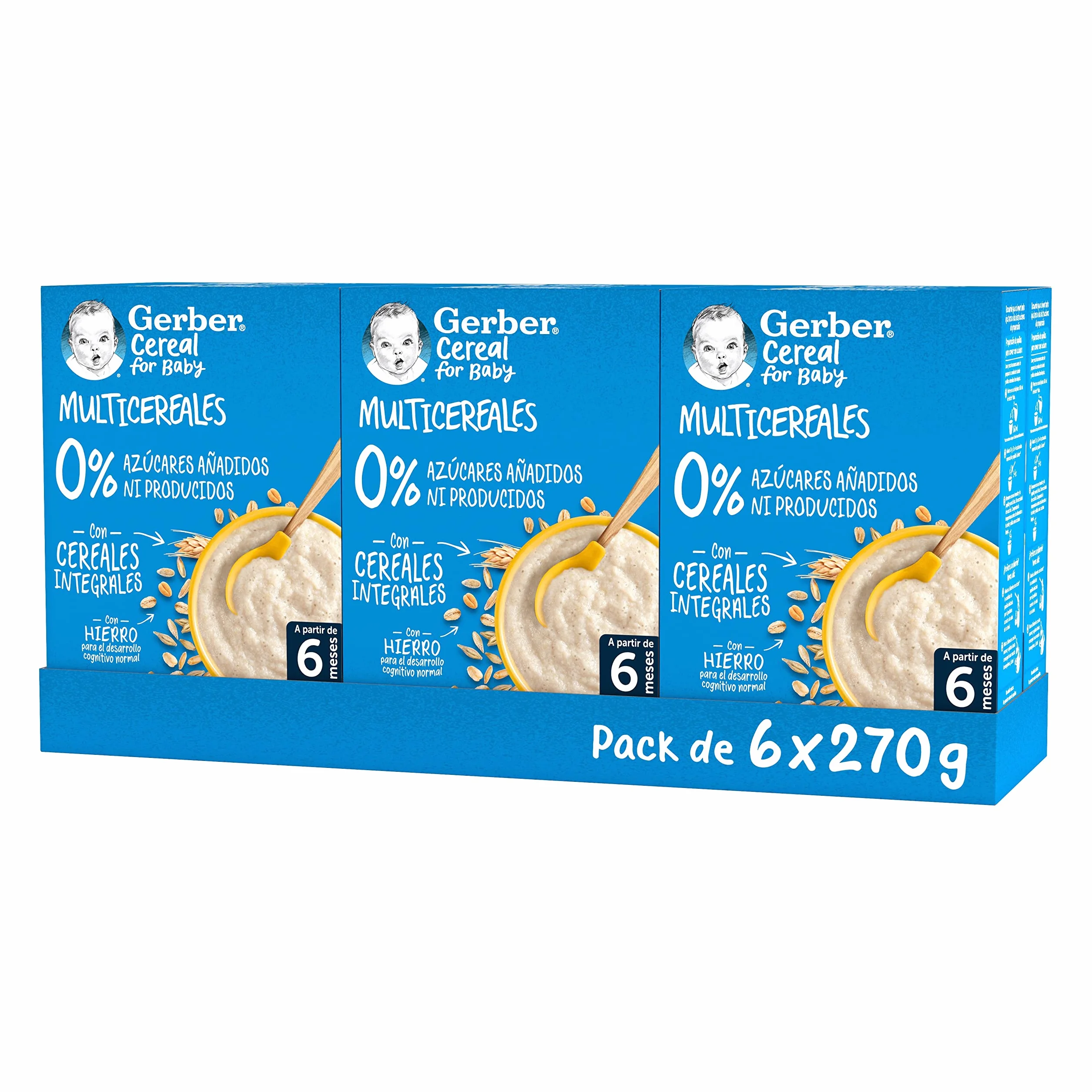 GERBER Multicereales 0% 0%, Papilla de Cereales para Bebés, Paquete 6x270g, a partir de 6 meses