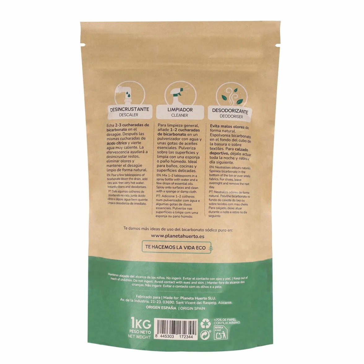 PLANETA HUERTO | Bicarbonato Sódico 1 kg - Multiusos, Hipoalergénico y Ecológico para Limpieza, Cocina y Más