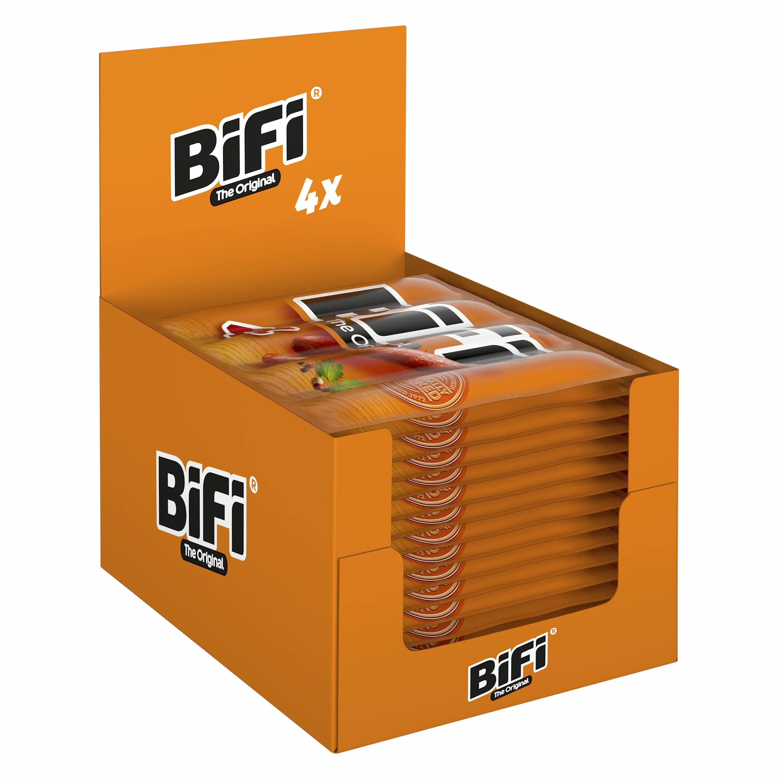 BiFi Original Tiras de salami, paquete de 64, 64 x 18,5 g, salchichón desecado para comer sobre la marcha, al aire libre, pimienta, cilantro y ajo, caja óptima para aperitivos