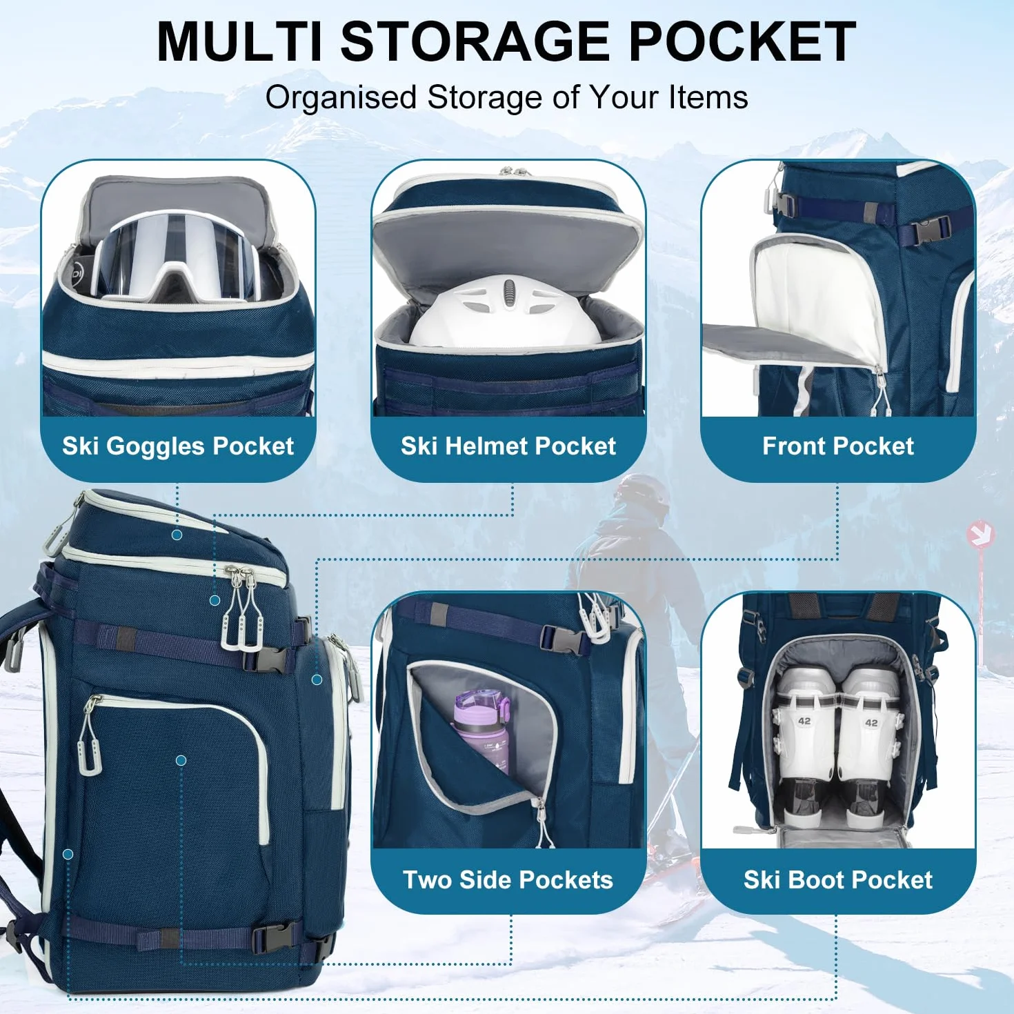Mochila para Botas de Esquí 65L con Compartimento para Casco, Snowboard