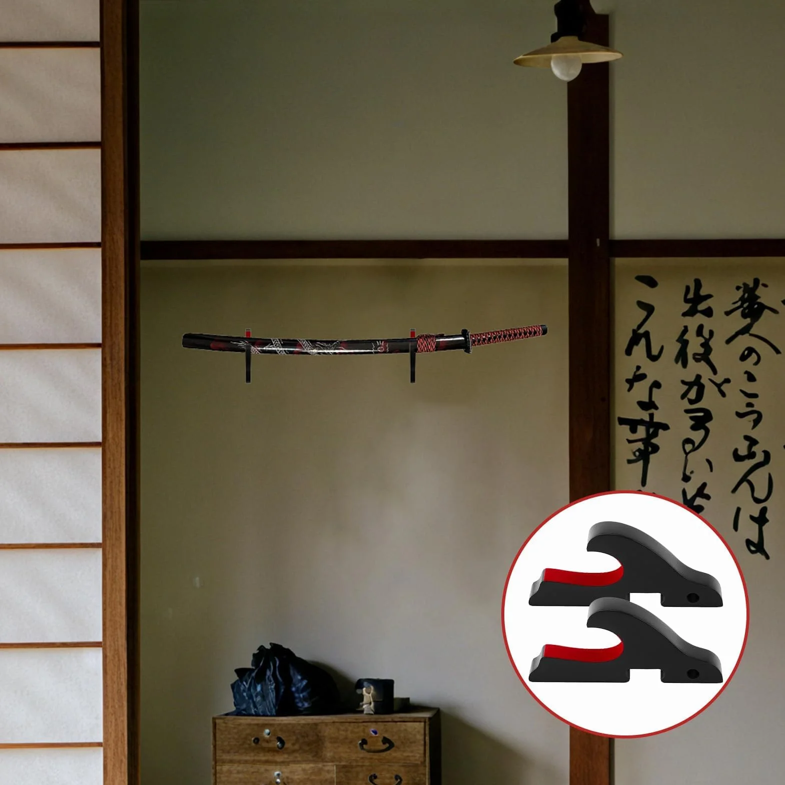 Soporte Katana Pared Negro con Acolchado de Terciopelo Exhibición Espada Samurái Gancho