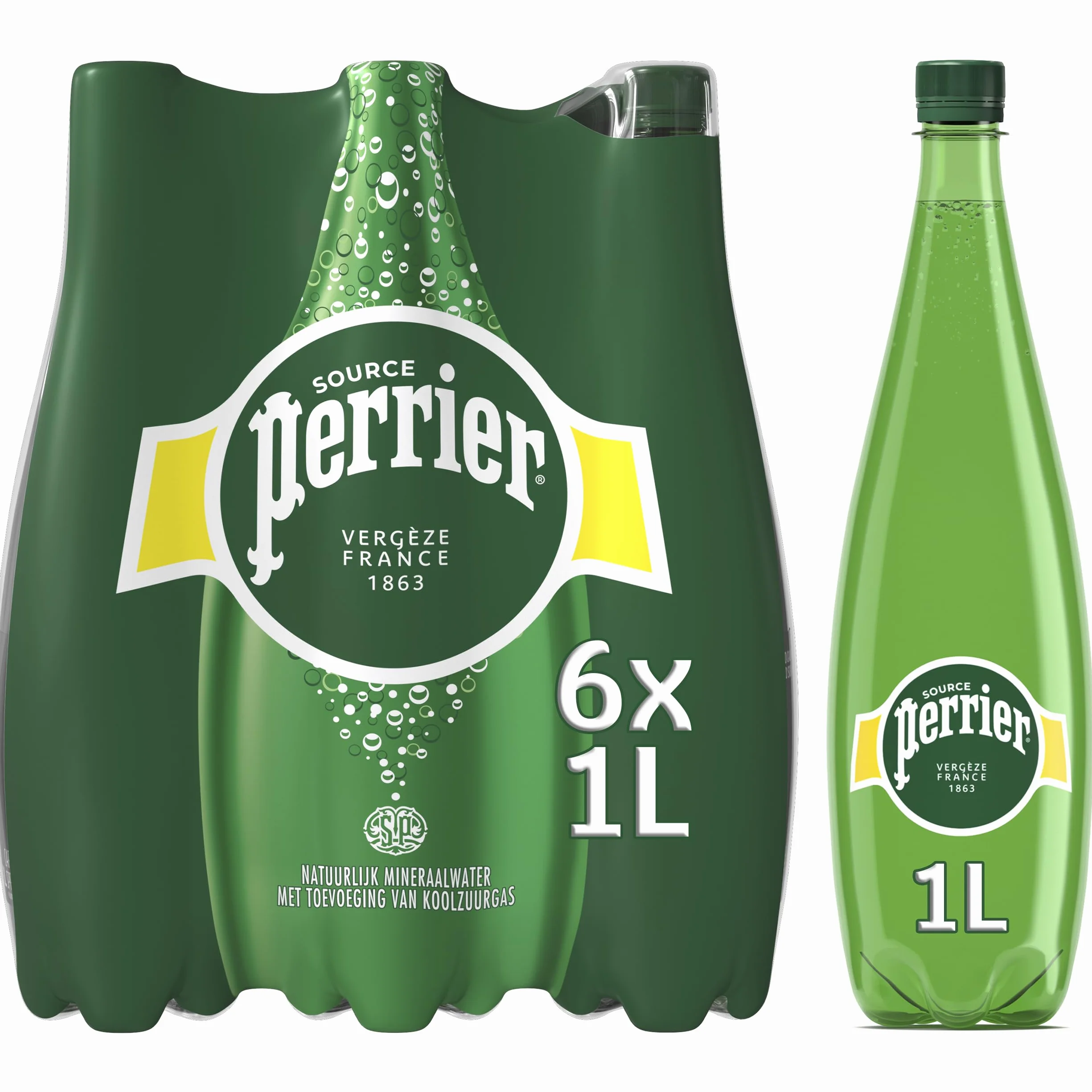 Perrier Agua Mineral Natural con Gas - Paquete de 6 Botellas de Plástico de 1 L - Total: 6 L