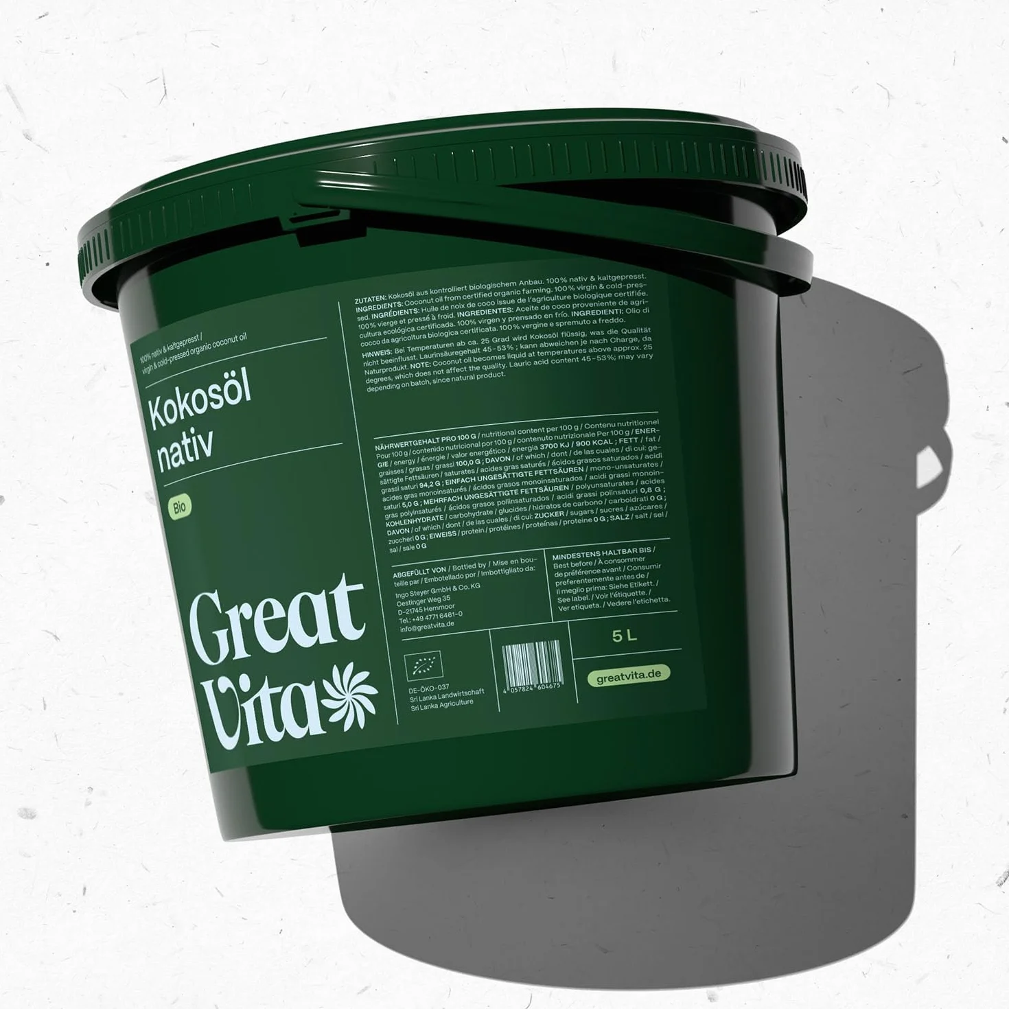 GREAT VITA - Aceite De Coco Orgánico, Nativo, 1 Paquete (1 X 5L) En Un Cubo 5000 ml