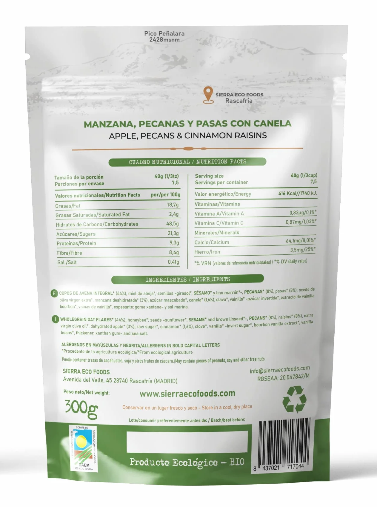 Granola de Manzana, Pecanas y Pasas con Canela (Pack: 3 x 300gr) Peso Total: 900gr