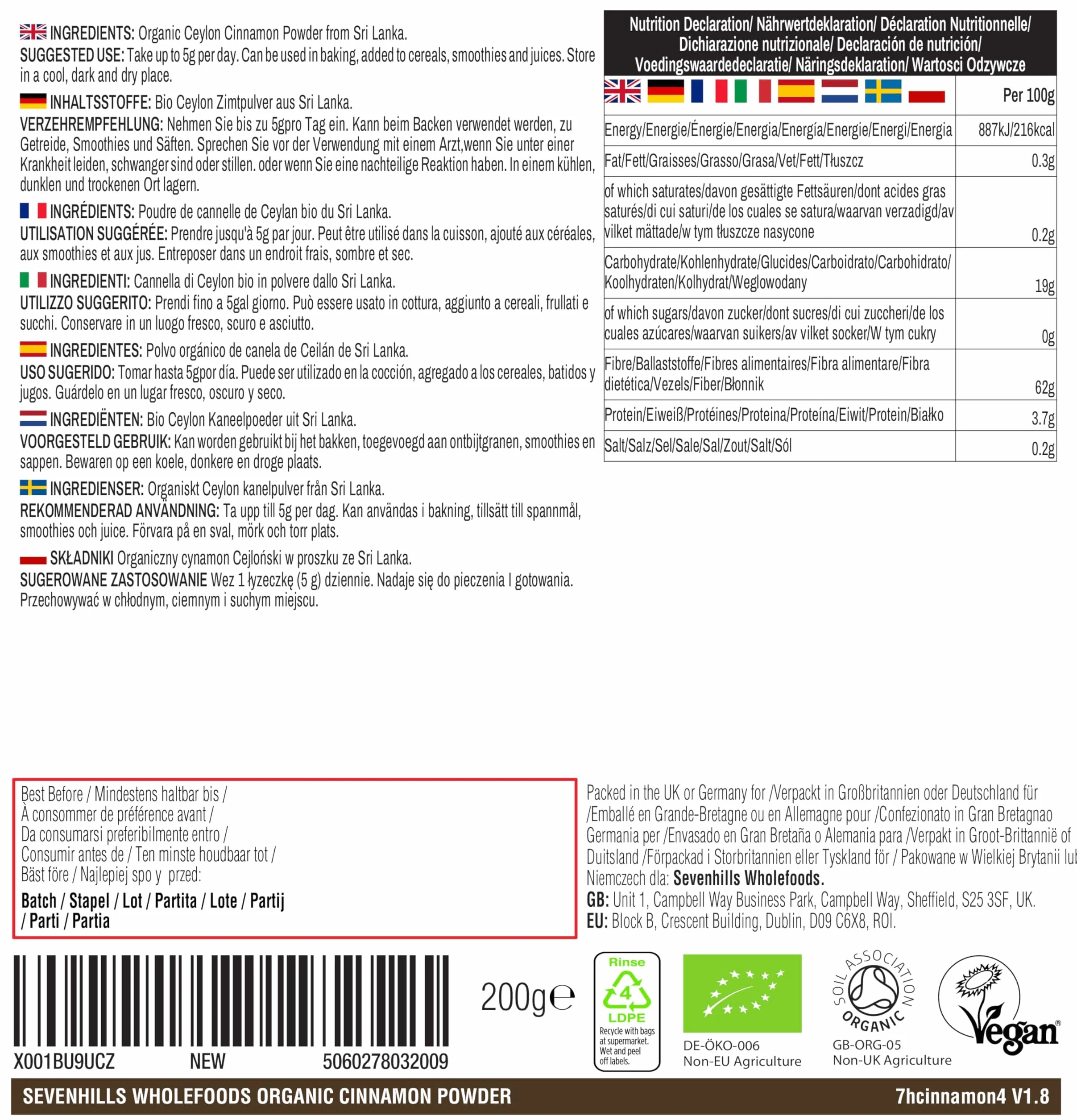 Sevenhills Wholefoods Canela Cruda En Polvo Orgánica (Verdadera Ceylon) 200g