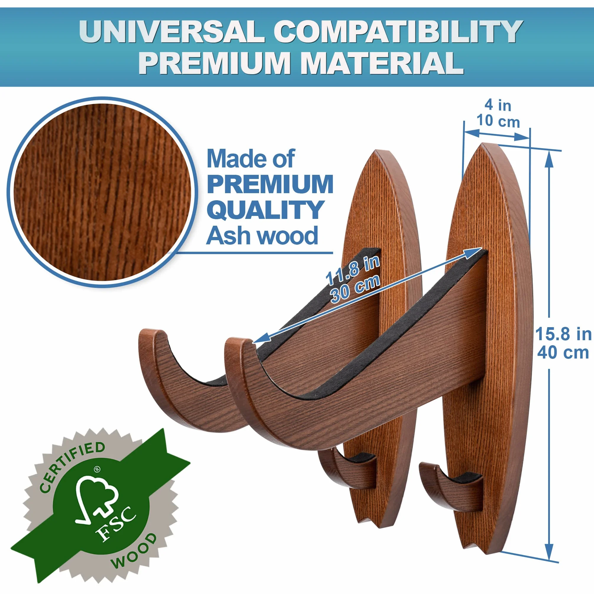 TESLYAR Soporte para tabla de surf madera de fresno acabado natural marrón grande