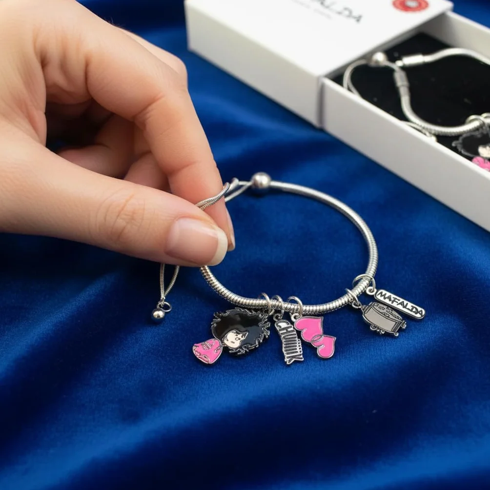Pulsera con Charms Mafalda Despeinada Licencia Oficial Quino Rosa Acero Inoxidable