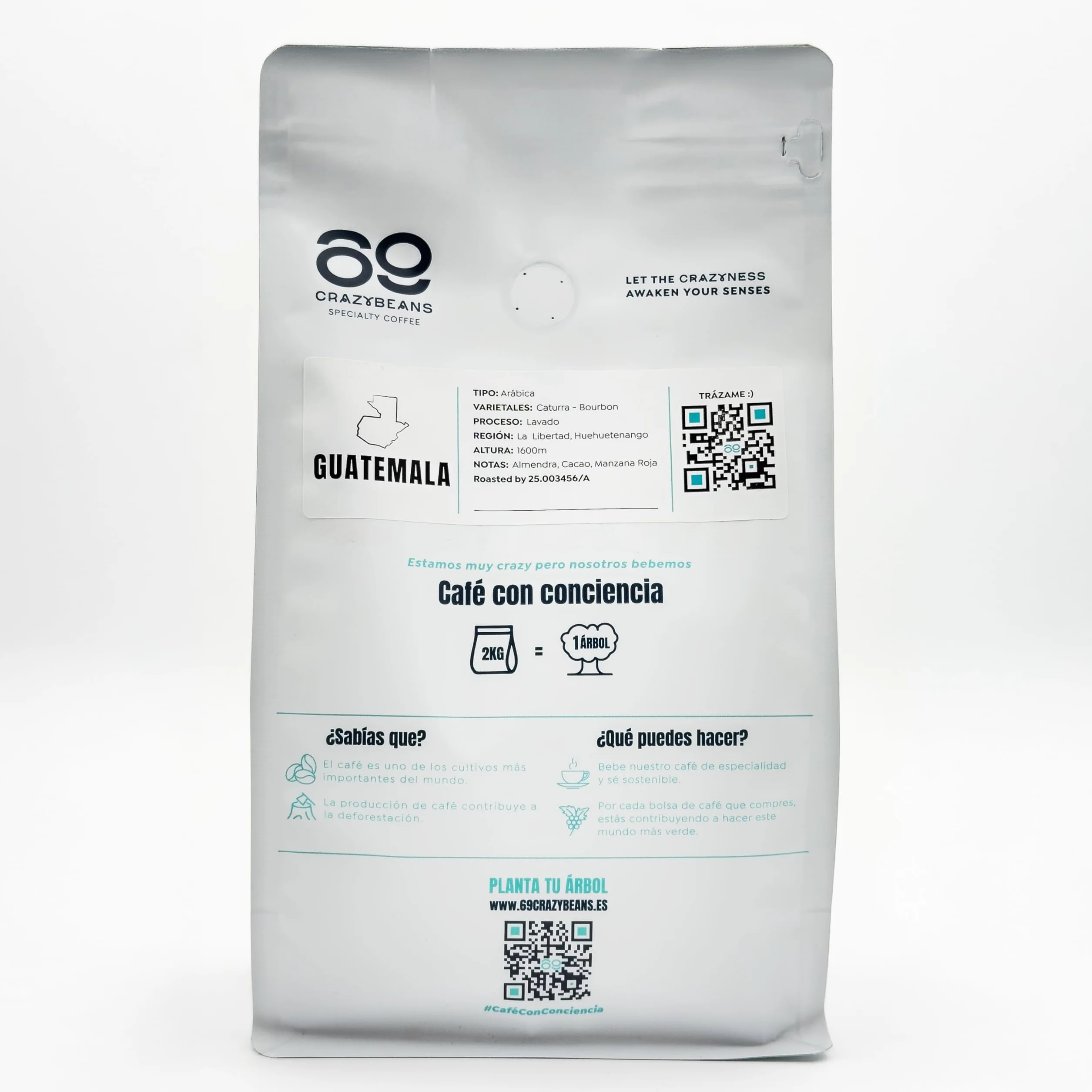 Cafe de Especialidad en Grano | Guatemala Caturra,Bourbon | 100% Arábica | Lavado con fermentación | 1600m | 84 puntos SCA | Huehuetenango,Guatemala | 500g | 69 CrazyBeans Specialty Coffee