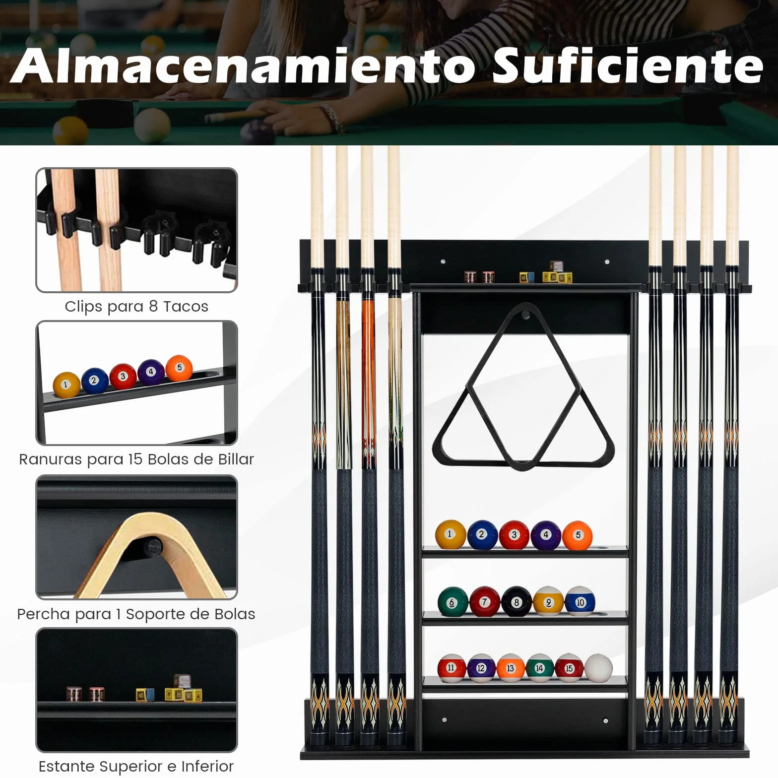 COSTWAY Billar Rack Madera Maciz Estante Palos 8 Tacos 15 Bolas 1 Soporte Equipo Compacto Sala Club Bar Negro