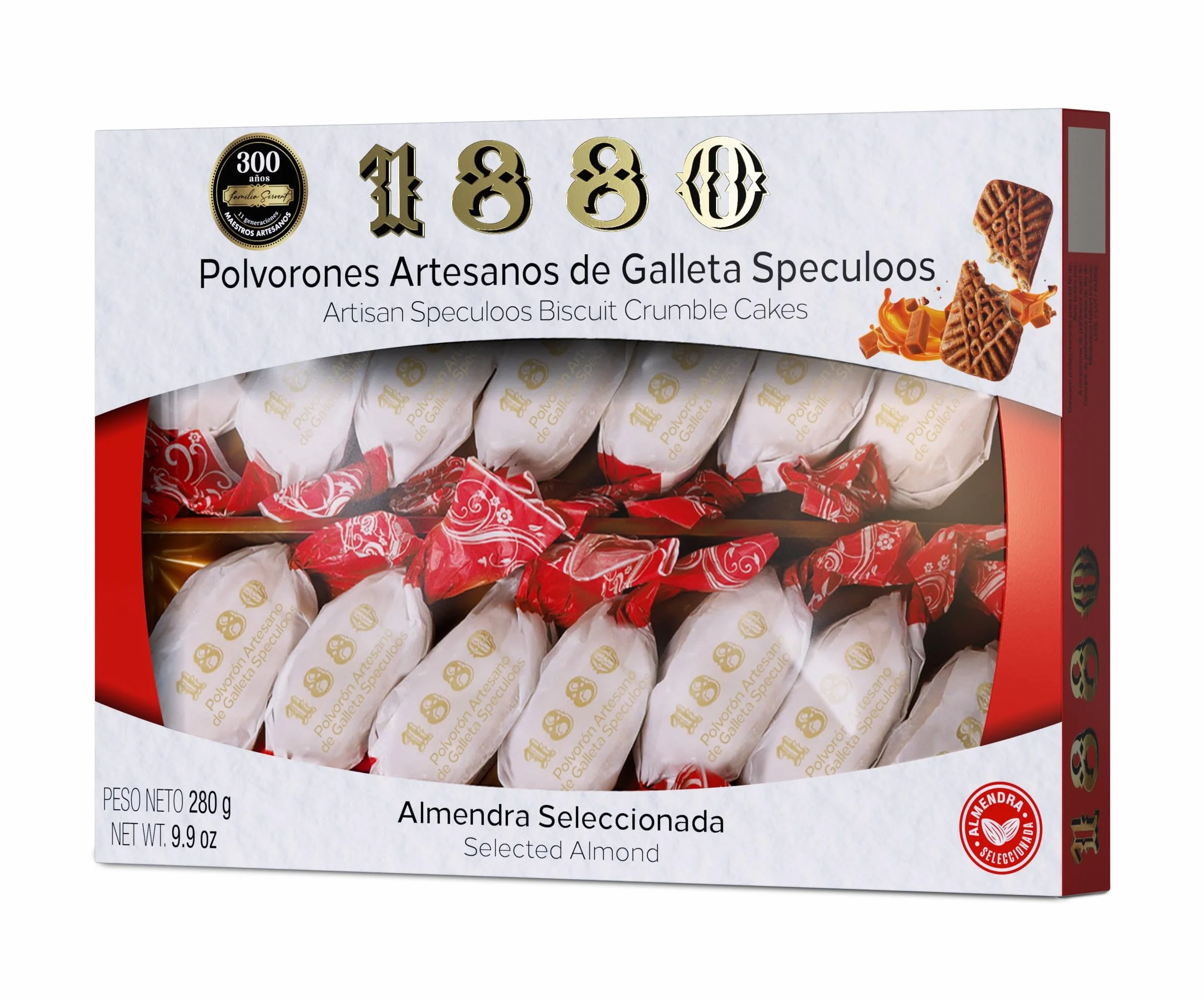 1880 - Polvorones Artesanos de Galleta Speculoos 280 g, Receta Artesanal con 95% de Galleta Speculoos y Almendra Seleccionada, Envase Individual, Textura Suave, Típico Dulce Navideño