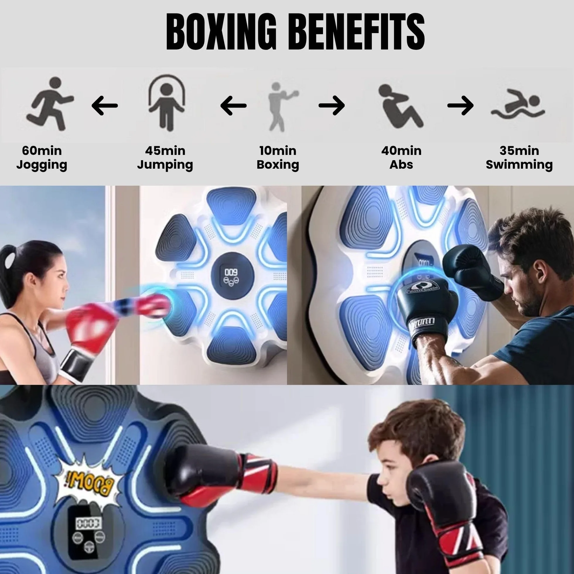 Máquina de Entrenamiento de Boxeo Musical con LED, Bluetooth, 9 Modos, 37x37 cm