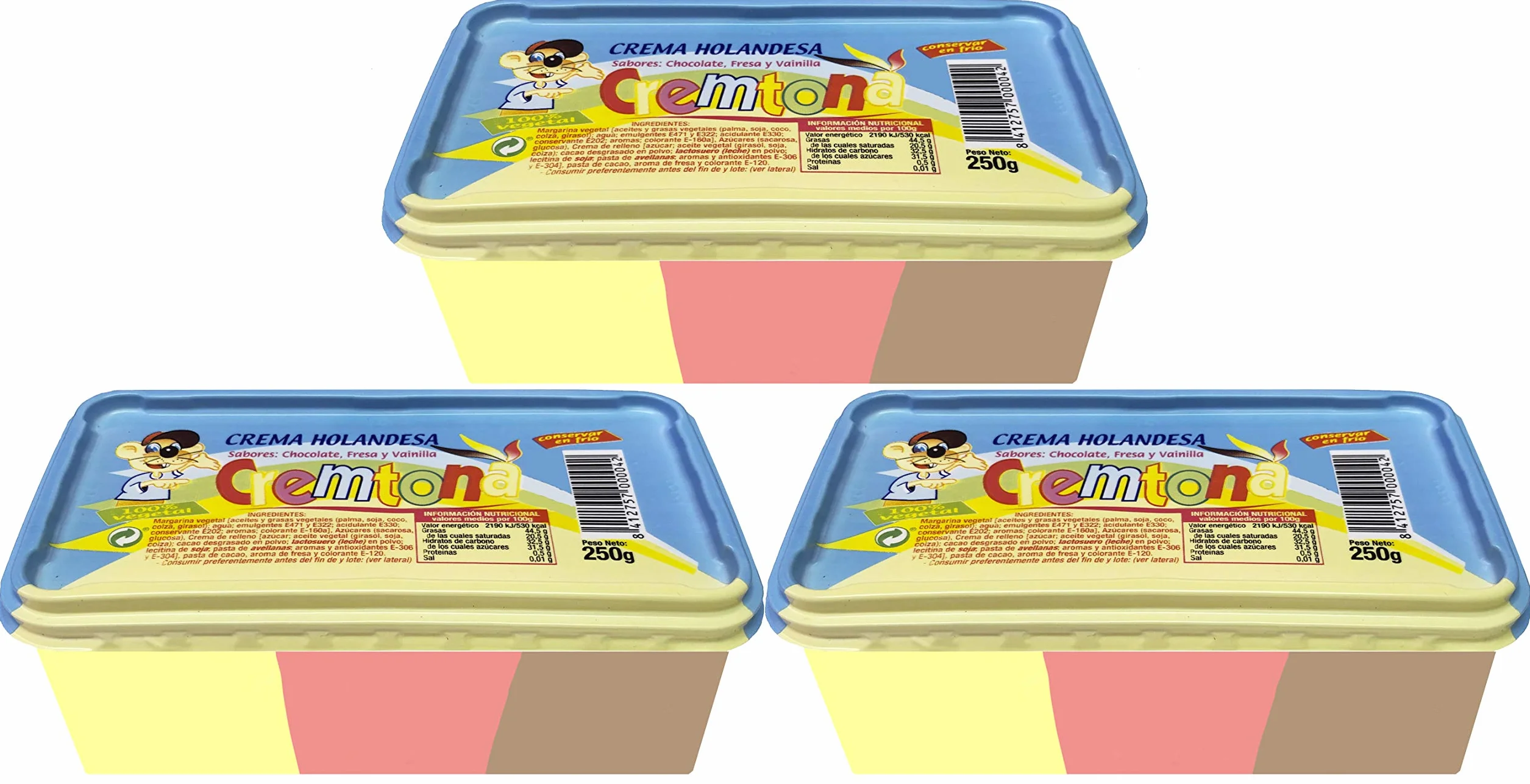Crema Holandesa 3 colores Cremtona. Chocolate, Fresa y Vainilla. (Lote de 3 Tarrinas)