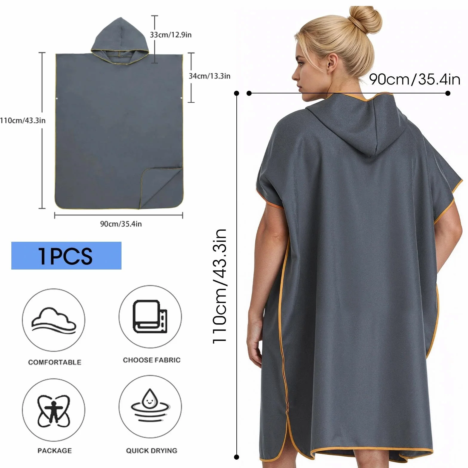 Poncho de Toalla con Capucha Microfibra Secado Rapido 110x90 cm para Playa Natacion Adultos Unisex