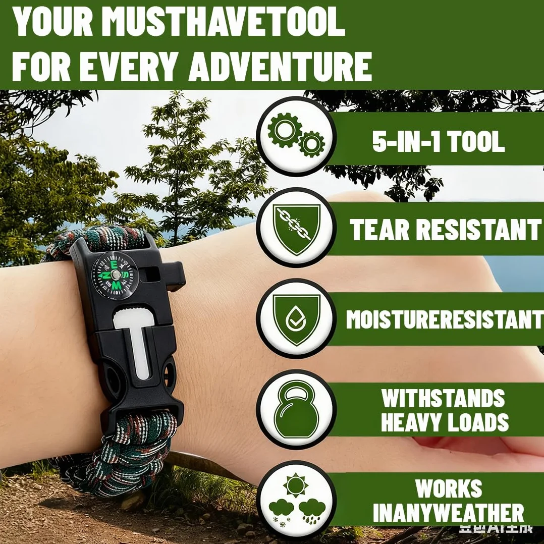 Pulsera de Supervivencia Multifuncional 3pcs con Flint Brújula Silbato para Senderismo Acampada