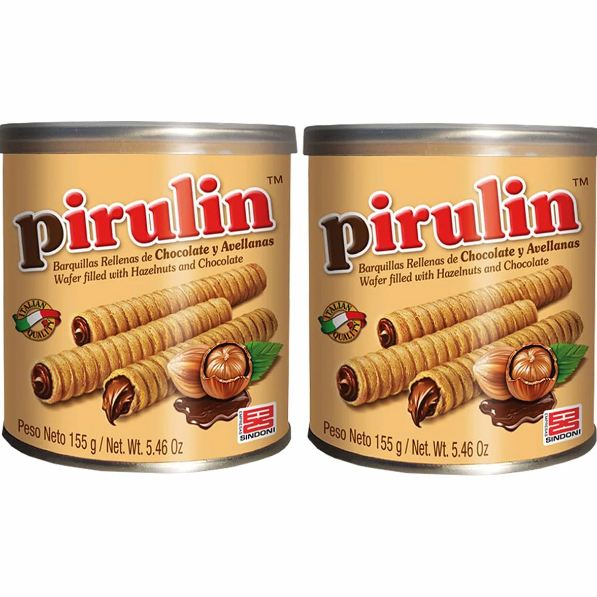 Pirulín Sindoni Pack de 2 Latas 155 g c/u | Barquillos Rellenos de Crema de Chocolate y Avellana | Snack Dulce Venezolano | Ideal para Compartir o Regalar