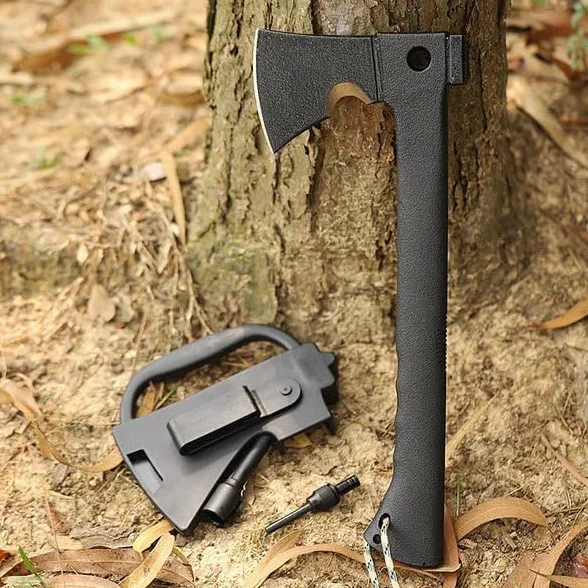 AXIUM Hacha táctica 5 en 1 Multifuncional con Sierra, Martillo, Silbato de Emergencia y Funda ABS para Camping