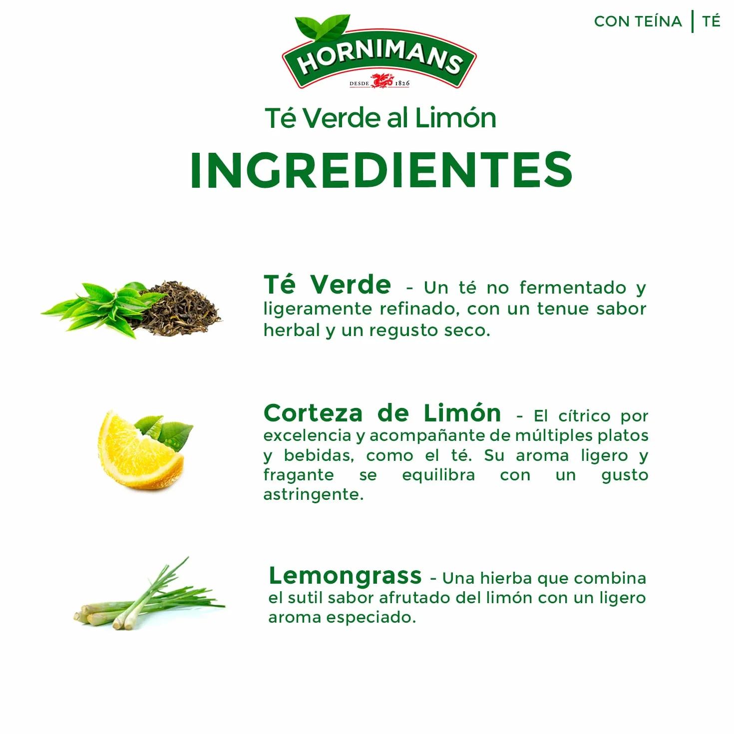Hornimans Té Verde al Limón Ingredientes 100% Naturales | 20 bolsitas | Con Teína