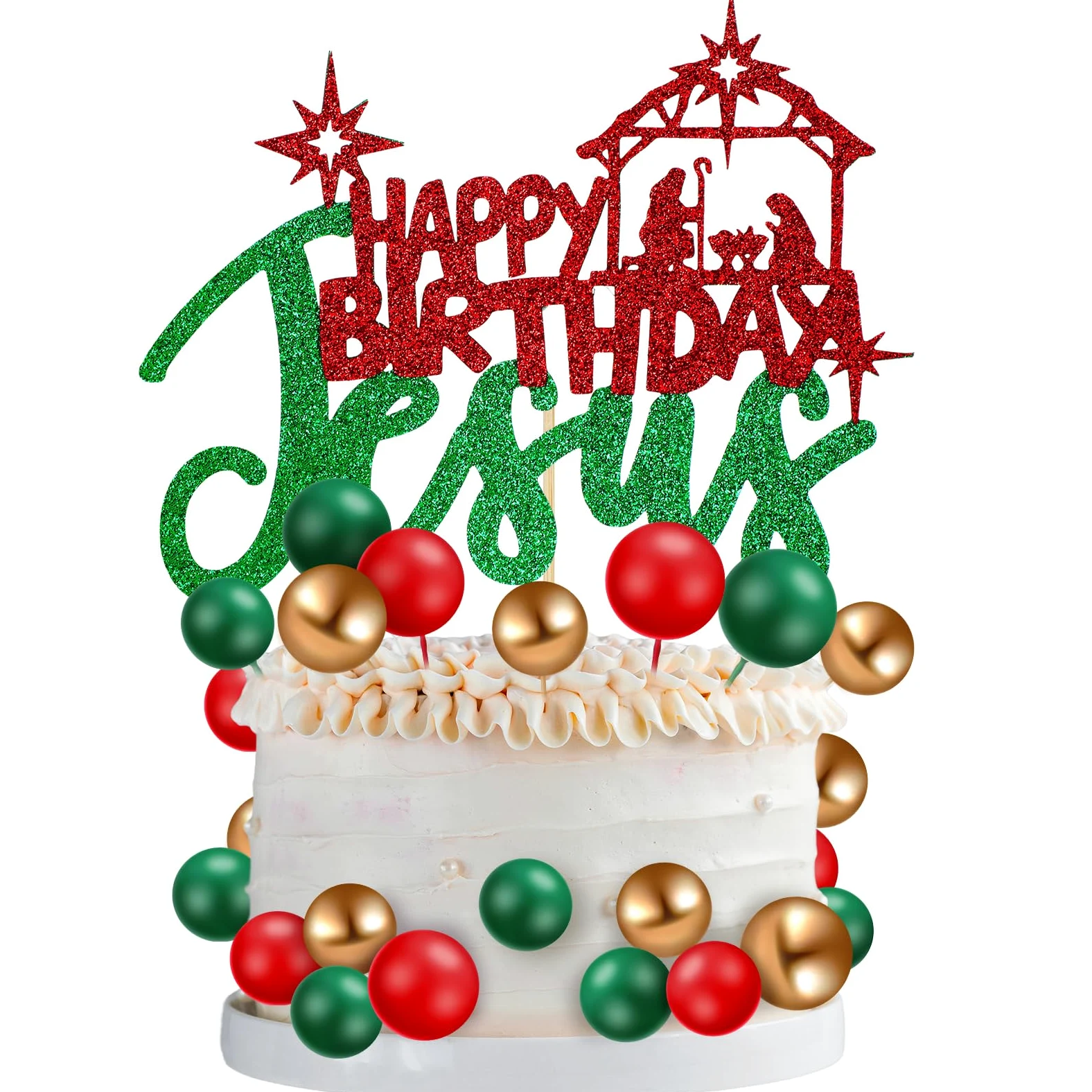 Cinnvoice 31 piezas de decoración para tartas de Navidad con purpurina de Jesús, decoración de pastel de bola, verde, rojo, dorado, belén, decoración para Navidad, vacaciones, boda, aniversario,
