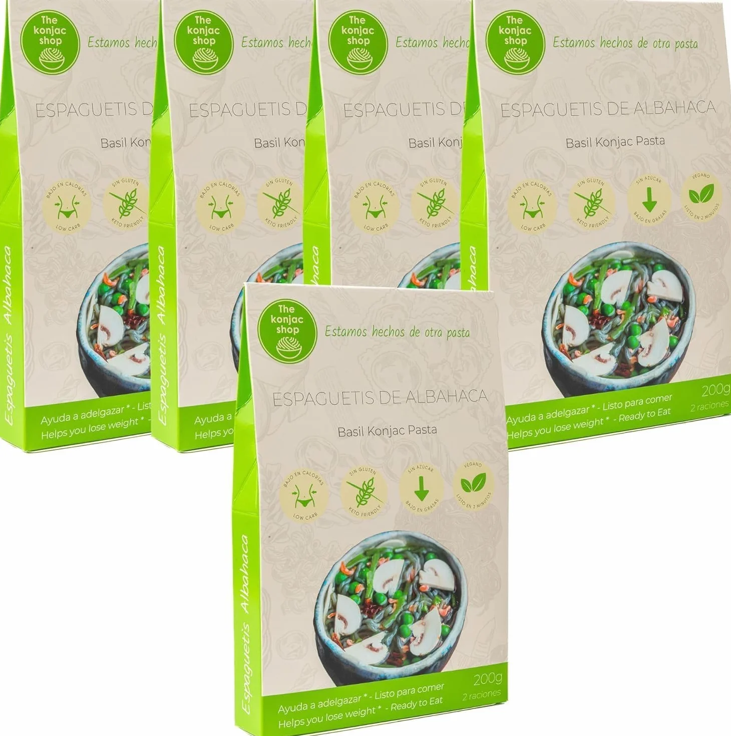The Konjac Shop - Espaguetis Konjac de Albahaca 270g Sin Gluten Bajo en Calorías y Carbohidratos Ideal para Dietas Keto y Veganas (Pack de 5)
