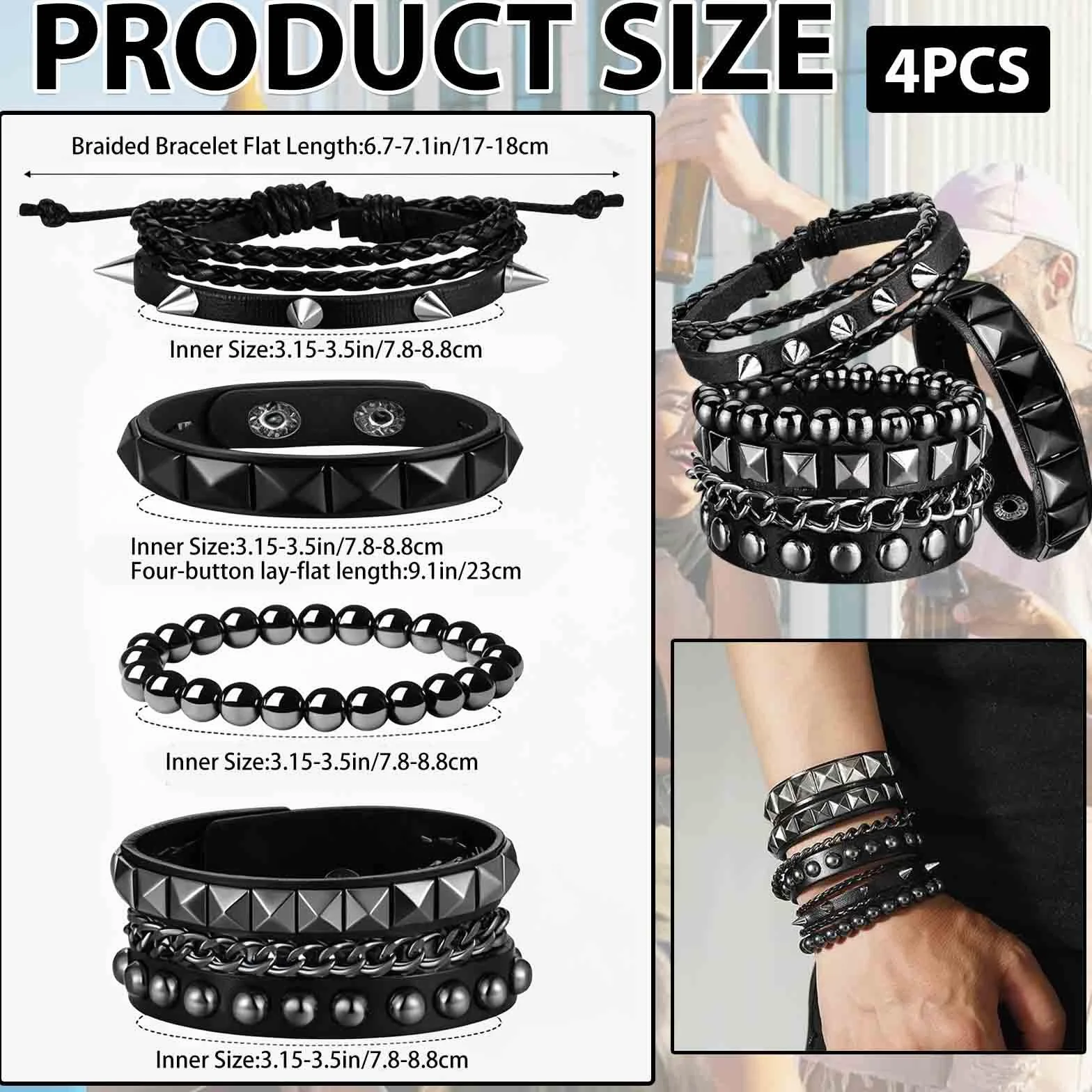 Pulseras Punk Rock de Cuero para Hombres y Mujeres – 4 Pulseras Negras con Clavos Metálicos