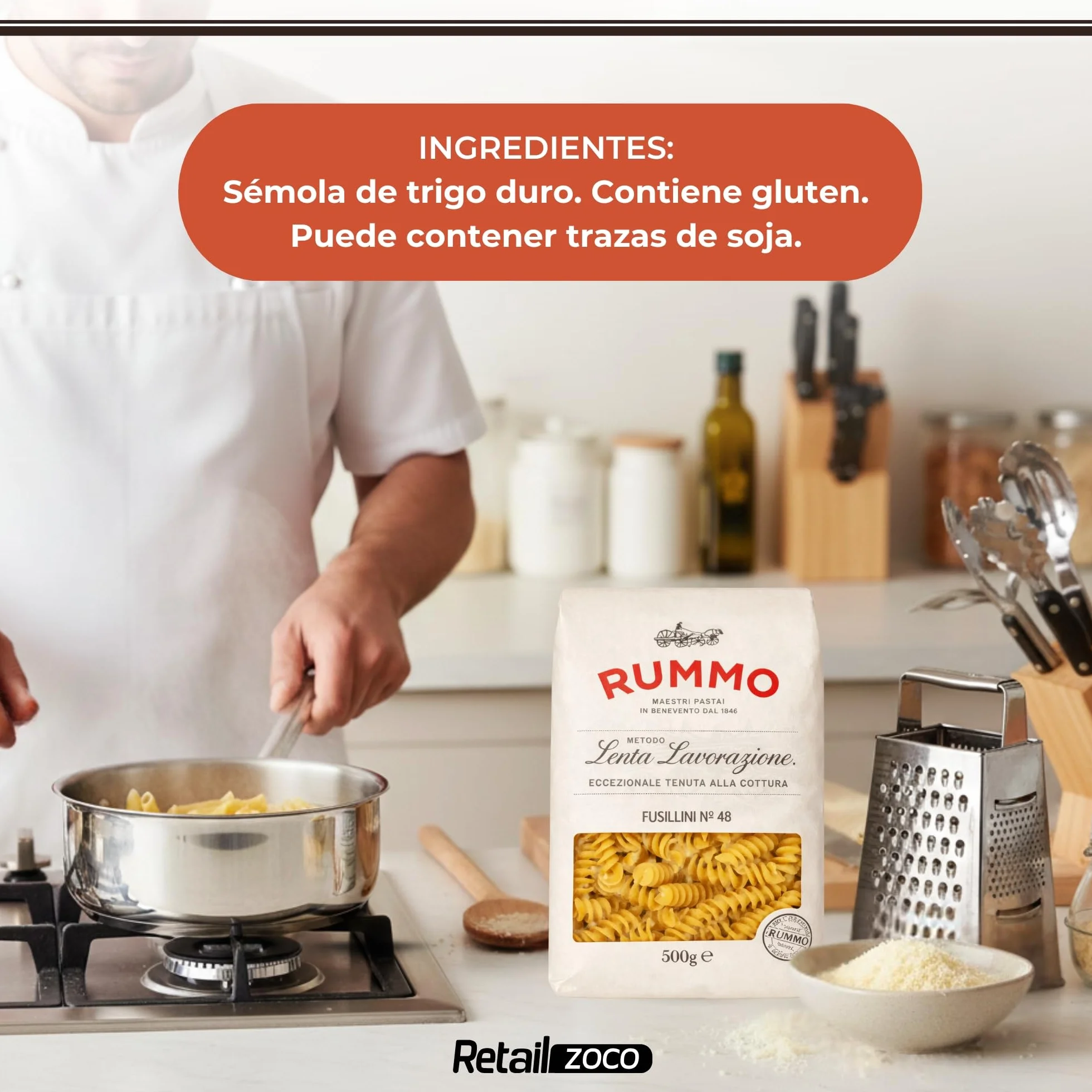 Pasta Rummo Fusilli Nº48 500g, Pasta Italiana, Pasta alimenticia de sémola de trigo duro, Contiene gluten, Puede contener trazas de soja, Tiempo de cocción 9 minutos, 1 Paquete de 500 gr