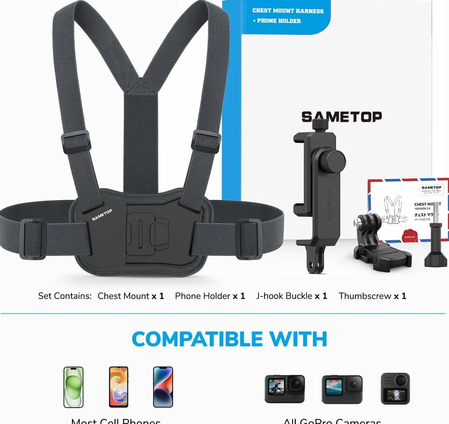Arnés para Teléfono Móvil Pecho Soporte Correa Chest Mount Compatible iPhone Samsung GoPro 13/12/11/10/9/8 dji Osmo Cámaras Acción POV VLOG