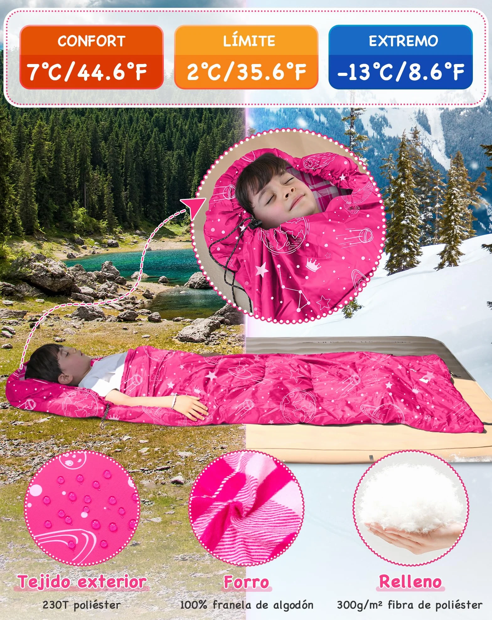 KingCamp Saco de Dormir Niños Franela de Algodón | 170 X 70 cm | 7℃ a -13 ℃ | Cálido y Cómodo para Niñas(Altura máxima hasta 145 cm) | Invierno Camping Accesorios, Viajes y Actividades