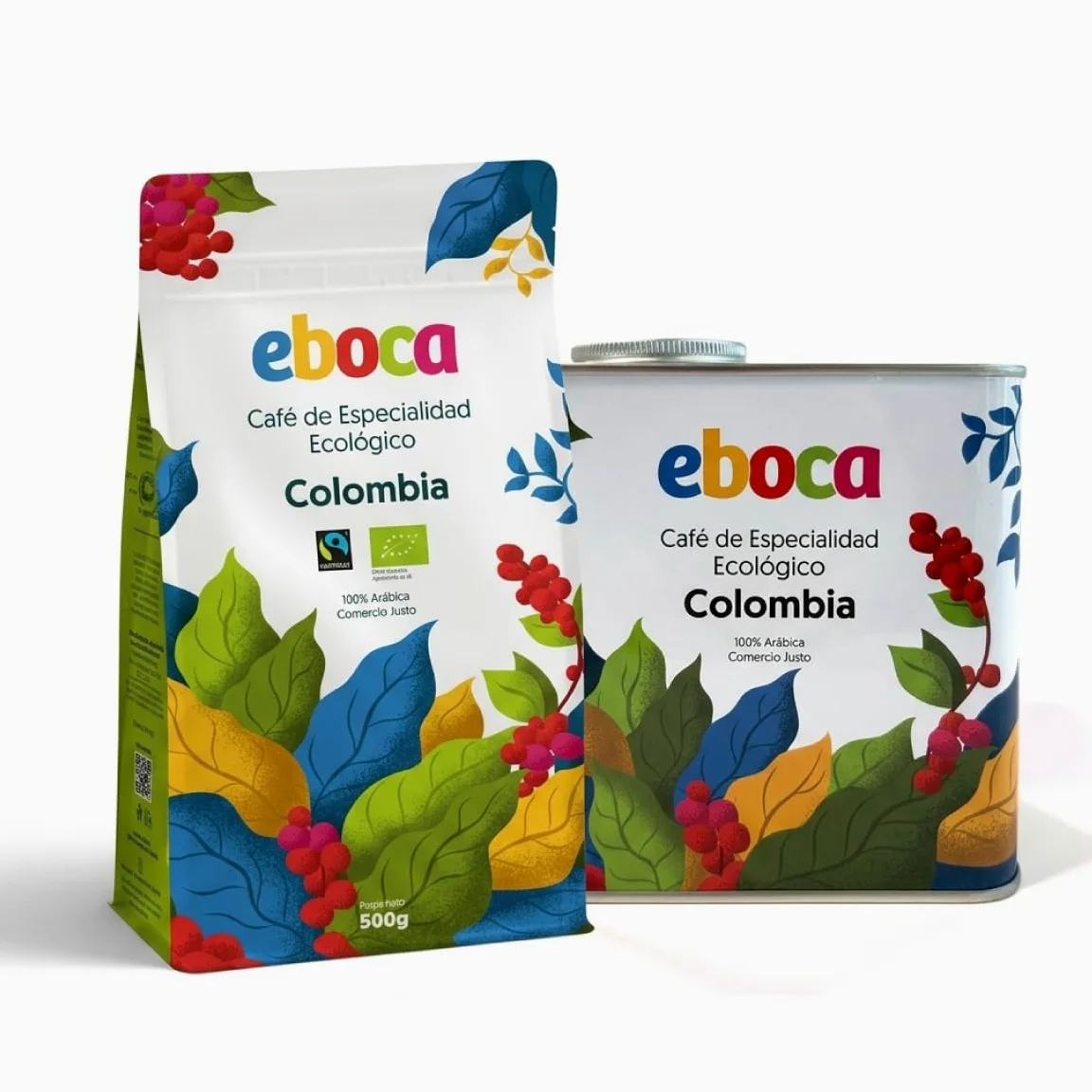 EBOCA Café en Grano Ecológico 1kg (2x500g) – 100% Arábica de Especialidad, Origen Colombia, Comercio Justo (Fairtrade), Tostado Artesanal en Huesca, Tueste Medio para Espresso y Filtro