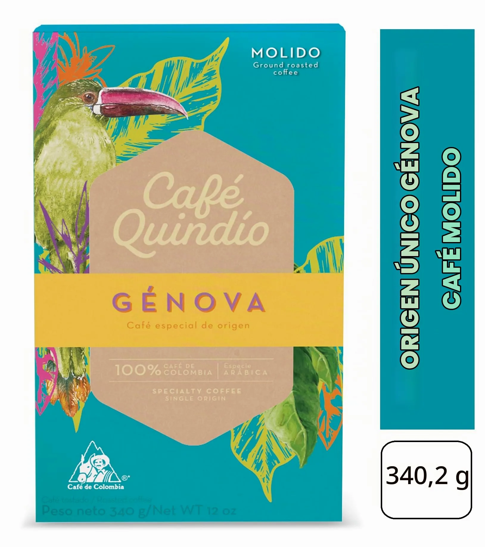 Café Quindío - Cafe Especialidad Molido, 100% Arábica Colombia | Origin único, SCA 87.68, tueste medio, ideal para cafetera goteo, prensa francesa o V60 (340 g, Caramelo)