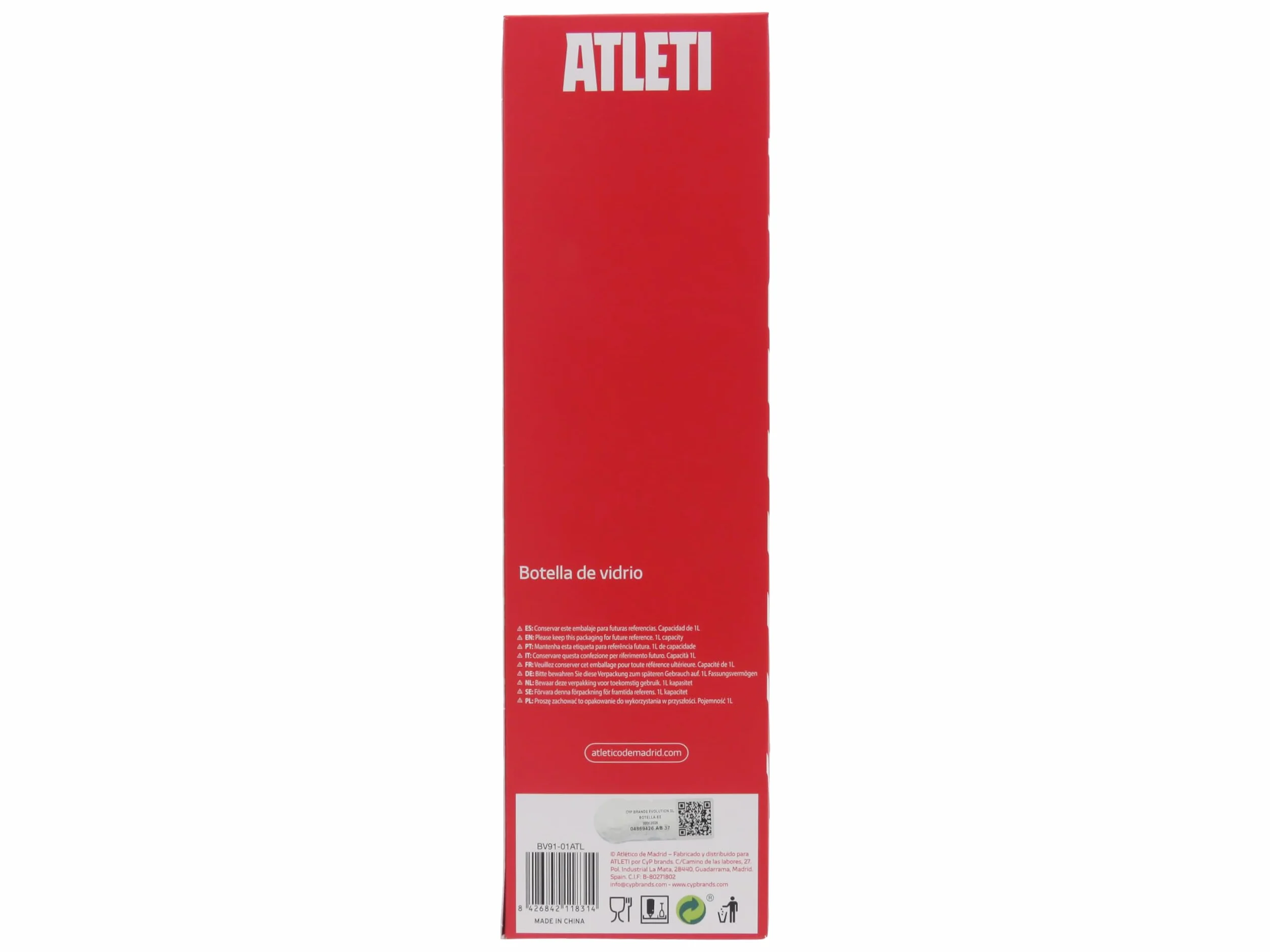 CYPBRANDS butelka szklana 1 L Oficjalny Produkt Atlético de Madrid