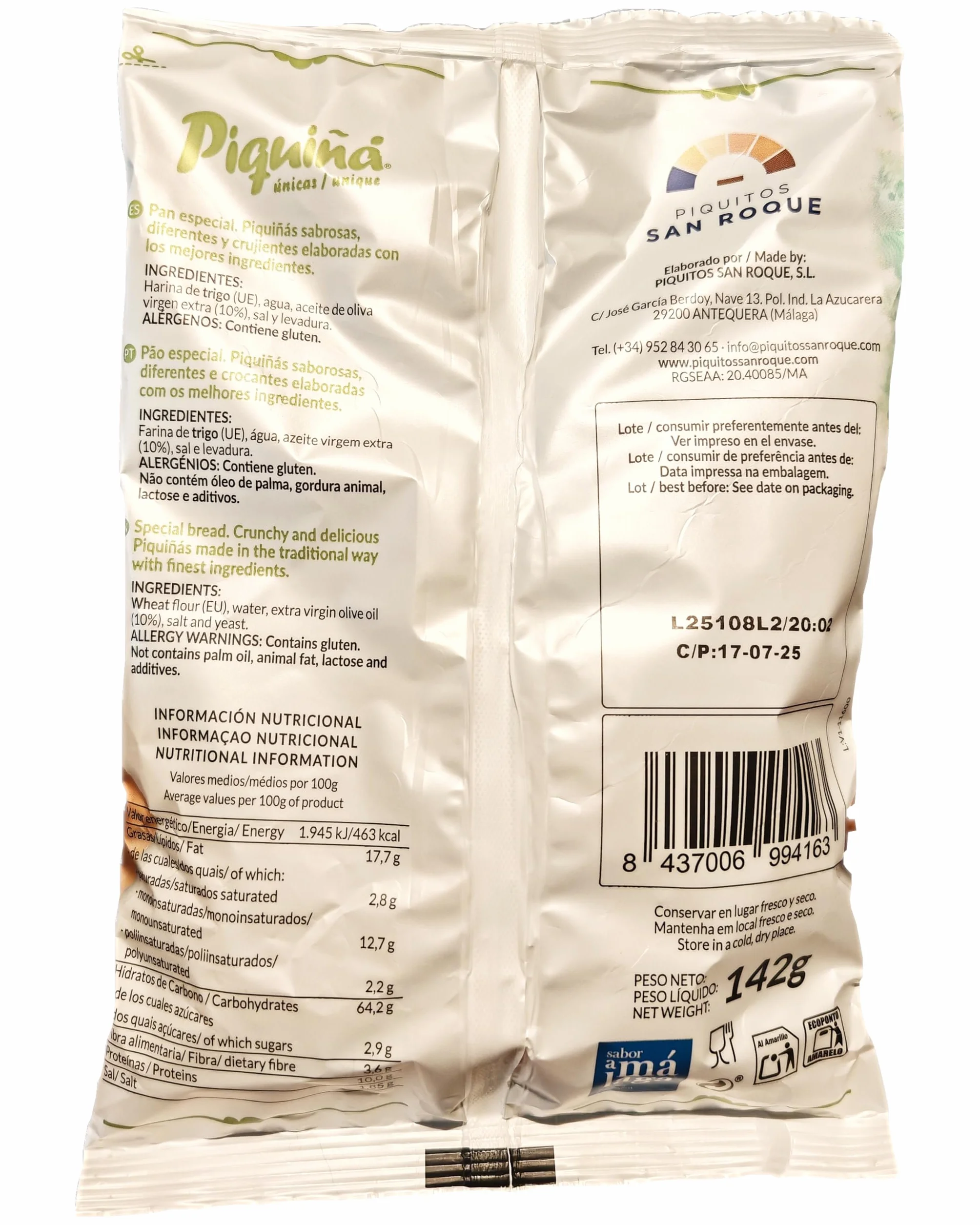 Piquiñá. Regaña gourmet elaborada con aceite de oliva. Pack de 6 unidades 142 gr
