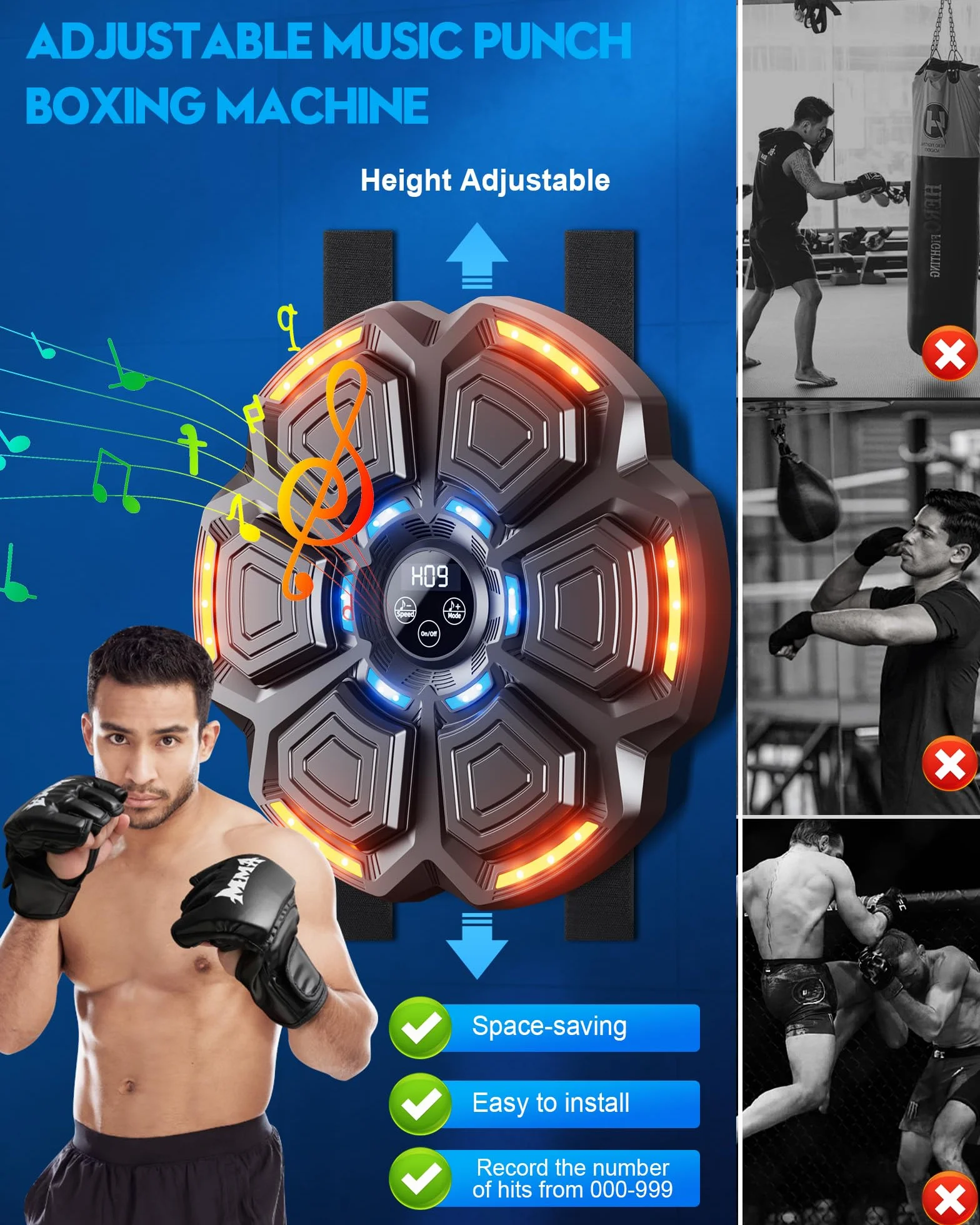 Máquina de Boxeo Musical con Bluetooth, 9 Modos de Velocidad, Recuento Inteligente y Luces al Ritmo de la Música