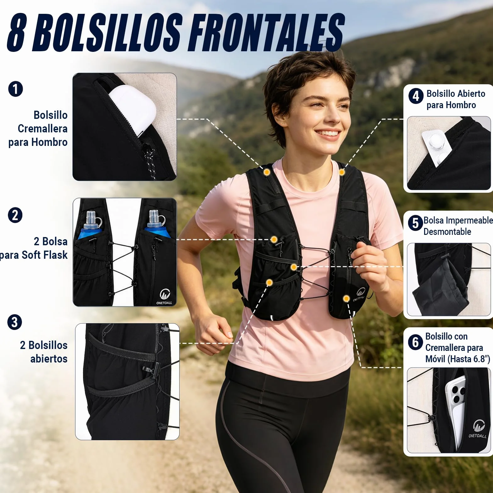 Chaleco Hidratacion Trail Running para Hombre Mujer con 2× Soft Flask 500ml y Luz LED Recargable Ultraligero