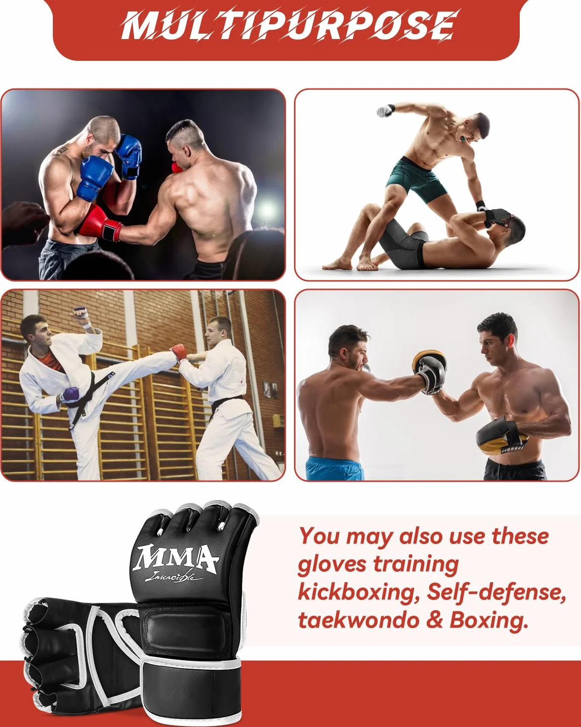 Guantillas MMA y Guantes de Boxeo Semidedos Ajustables Transpirables para Kickboxing Entrenamiento