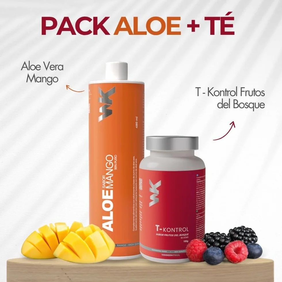 Weekontrol Pack Depurativo de Aloe Vera Puro para Beber 99%+Té Quemagrasas Potente. Set Depurativo Alóe+Te Detox, Limpieza, Digestión y Control de Peso (700Gr, Aloe Mango-Té Frutos del Bosque)