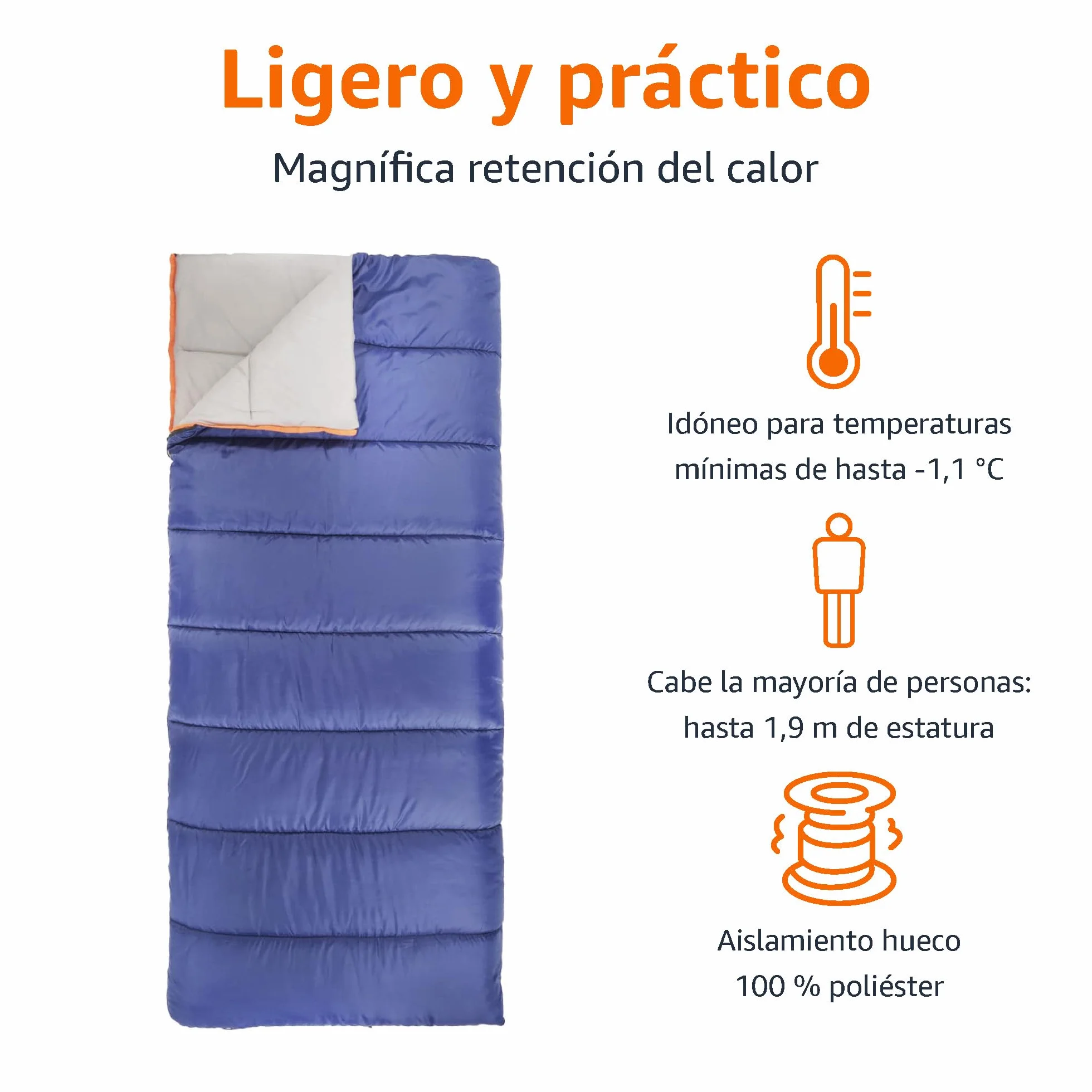 Amazon Basics Saco de Dormir Ligero, 4 Estaciones, para Clima Frío y Cálido, Camping y Senderismo, 190 x 83 cm, Azul