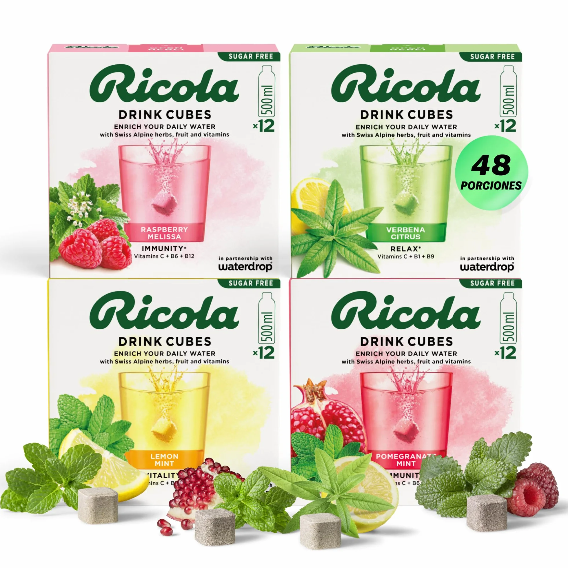 waterdrop® x Ricola, 48 Pastillas Saborizantes Agua, Bebidas Instantaneas Mix 4 Sabores Naturales: Frambuesa, Verbena, Granada, Menta-Limón. Sin Azúcar, baja en calorías con vitaminas