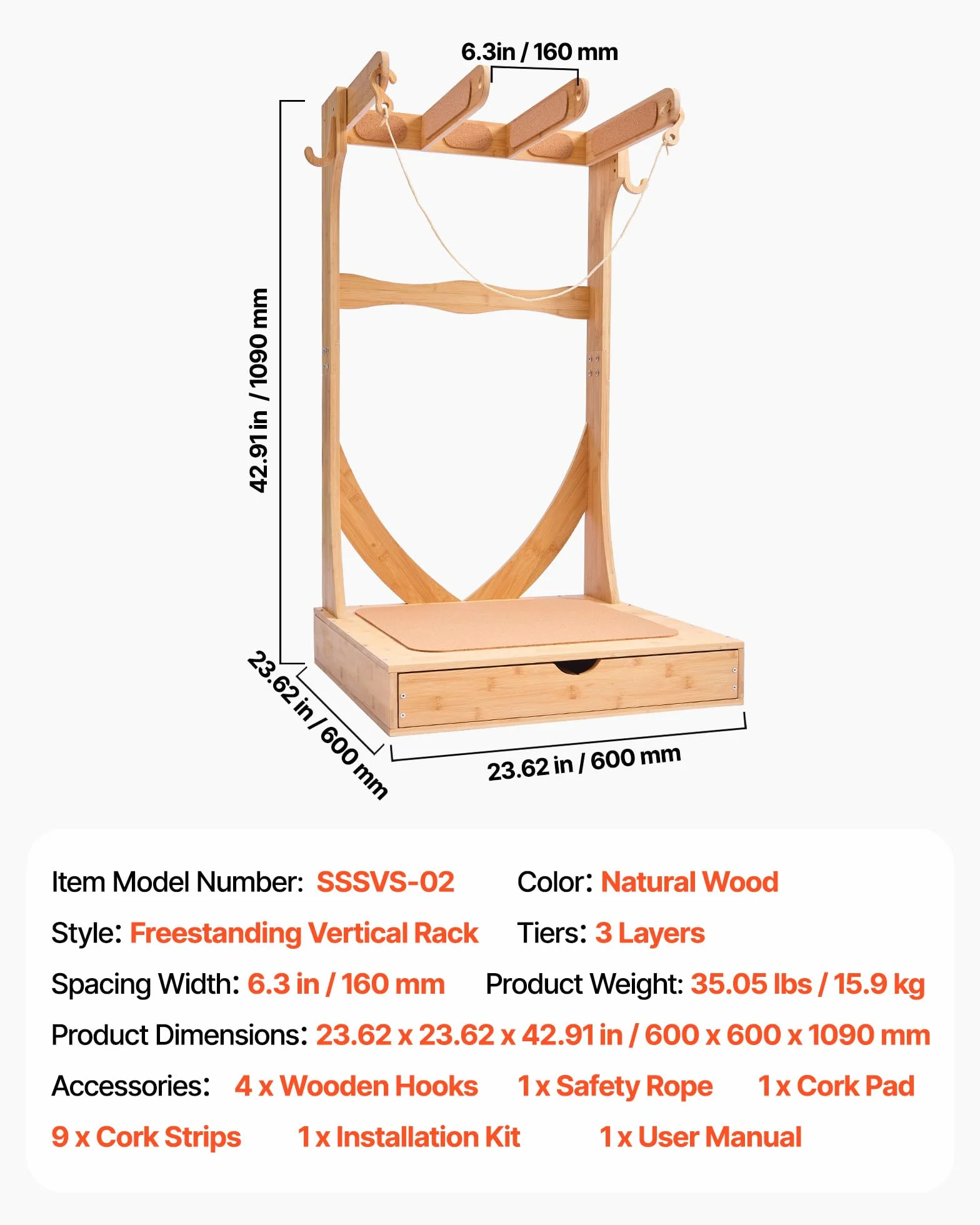 VEVOR Soporte Vertical para Tablas de Surf, Estante de Madera de 3 Niveles con Ganchos y Cajones