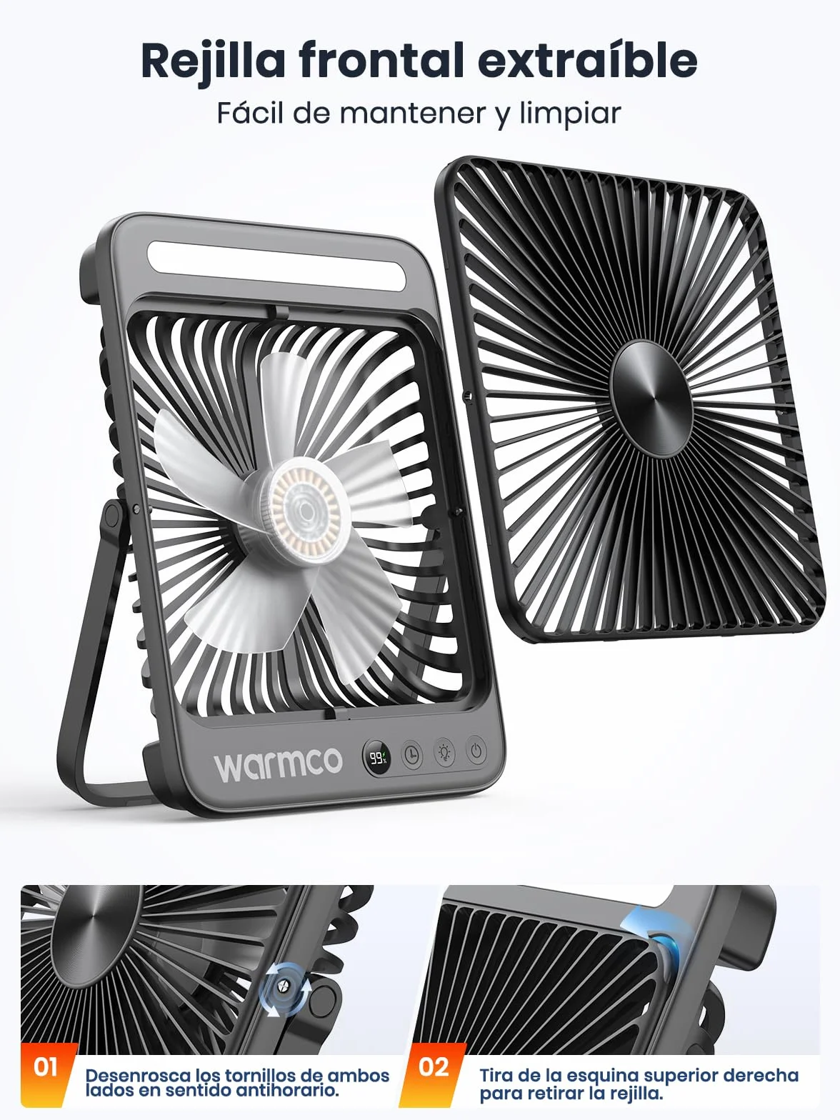 Ventilador Camping 20000mAh 27cm Recargable con Luz Carga Rápida 22,5W Autonomía 48H