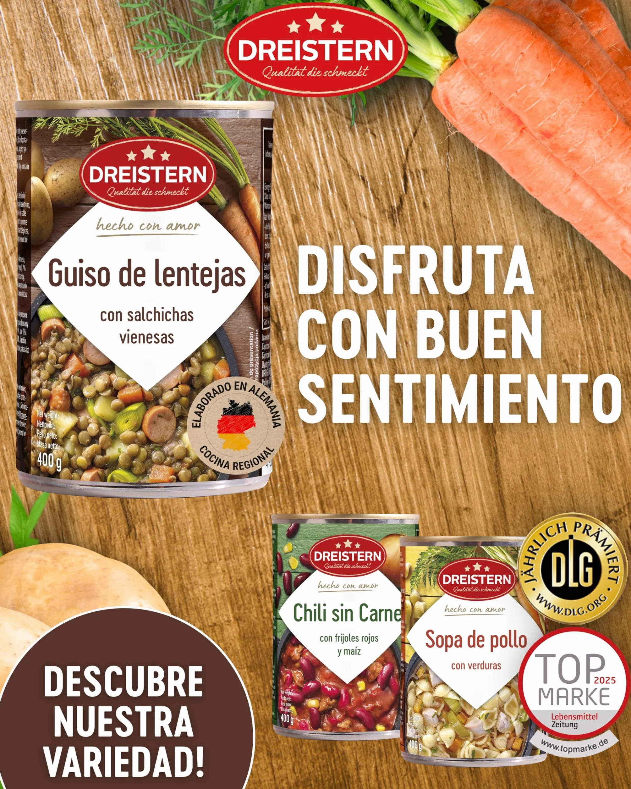 DREISTERN Guiso de lentejas 400 g I Con salchichas vienesas & verduras I Estofado sabroso en lata reciclable I Larga duración gracias a la conservación natural I Calidad casera