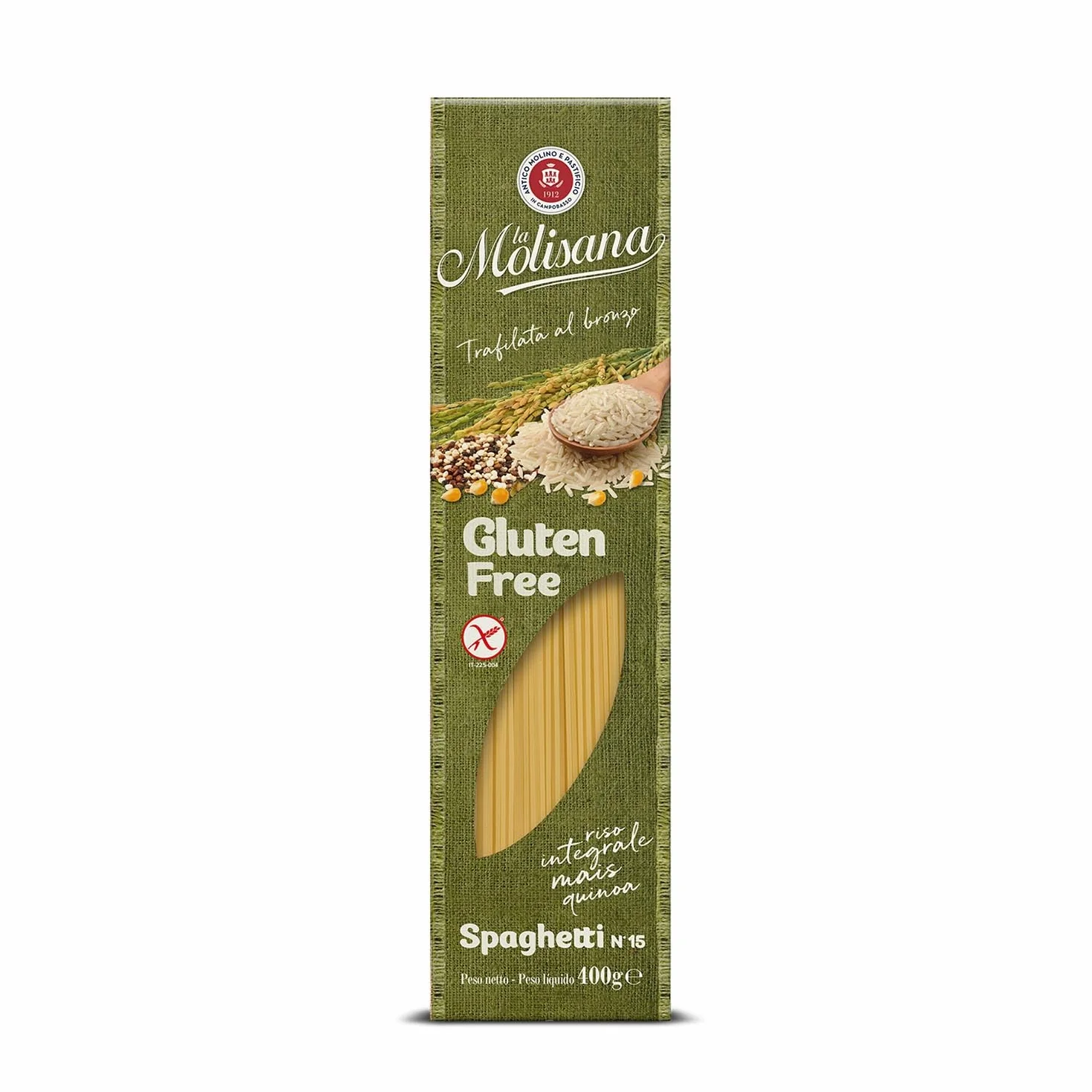La Molisana, Espaguetis n.º 15 sin gluten, pasta sin gluten – trefilada de bronce con arroz integral, maíz y quinua – Paquete de 400 g