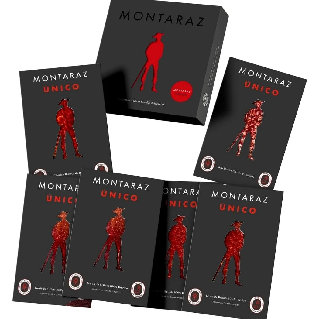 MONTARAZ® Caja Regalo Gourmet | 6 Loncheados Surtidos 100% Ibéricos de Bellota | Jamon Iberico, Lomo Iberico y Salchichon y Chorizo Ibéricos envasados al vacío (600gr) | 100% Natural | Lote Ibericos